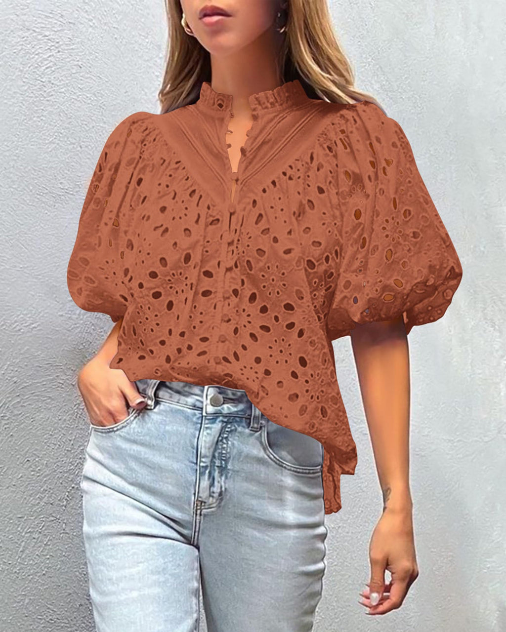 PRETTYGARDEN Women's Summer Tops Dressy Casual Short Sleeve V Neck Buttons Hollow Out Lace Embroidered Blouses Shirts