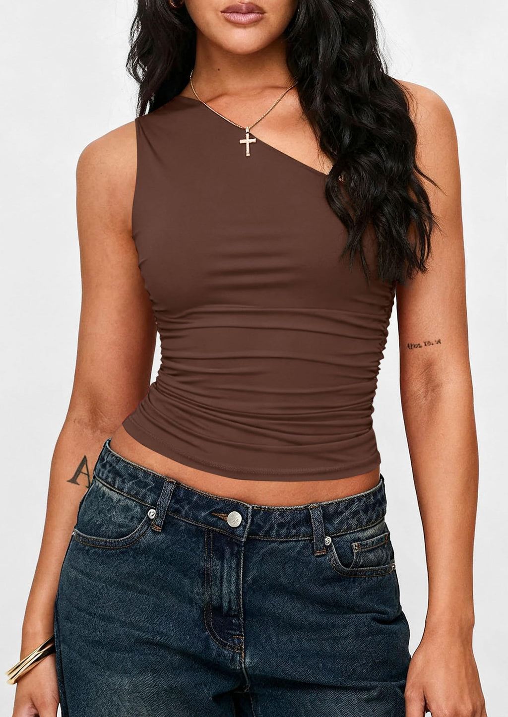 PRETTYGARDEN Womens Sleeveless One Shoulder Tank Top Ruched Slim Fit Shirts Basic Crop Y2k Tops  Spring Fashion Clothing