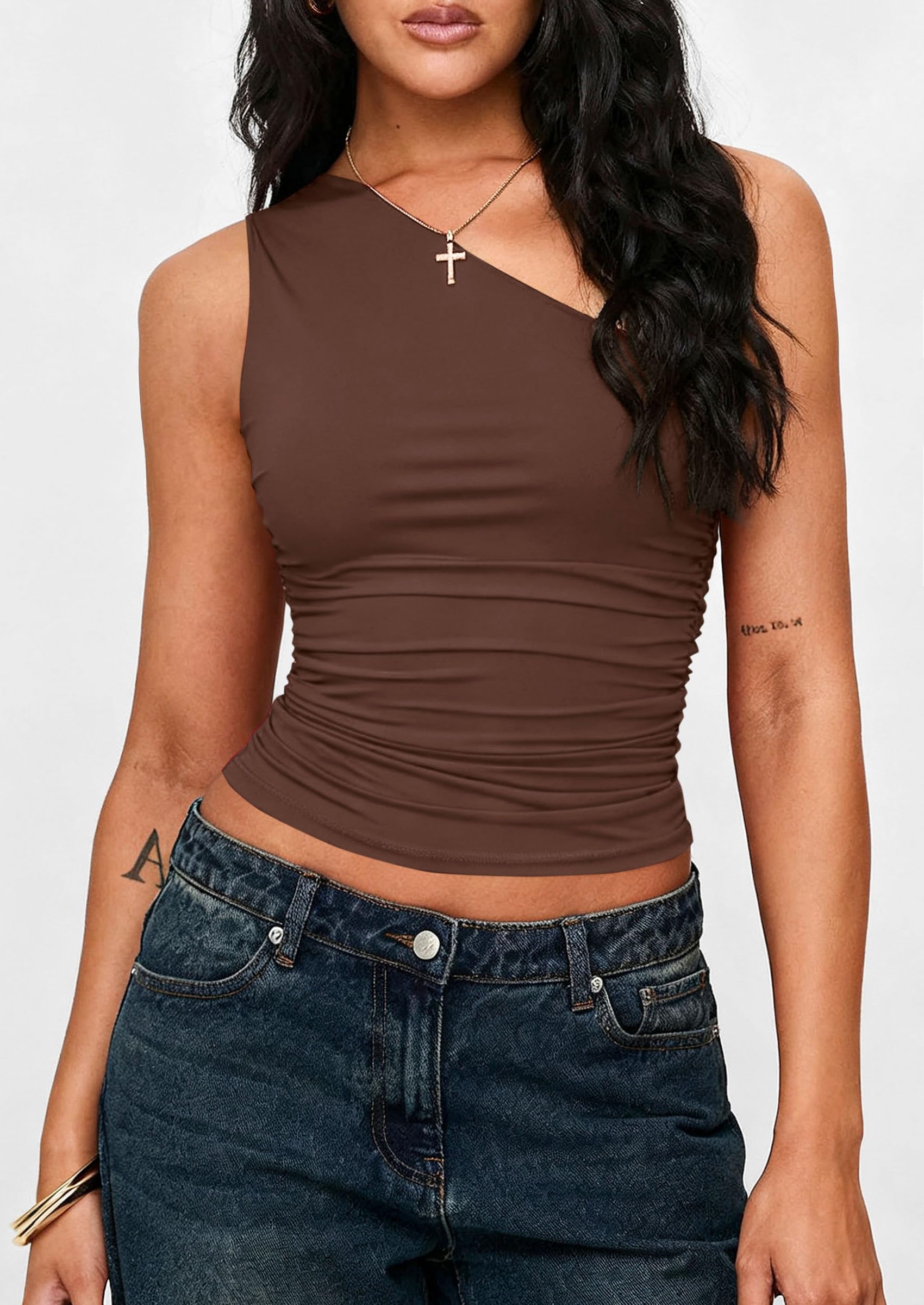 PRETTYGARDEN Womens Sleeveless One Shoulder Tank Top Ruched Slim Fit Shirts Basic Crop Y2k Tops  Spring Fashion Clothing