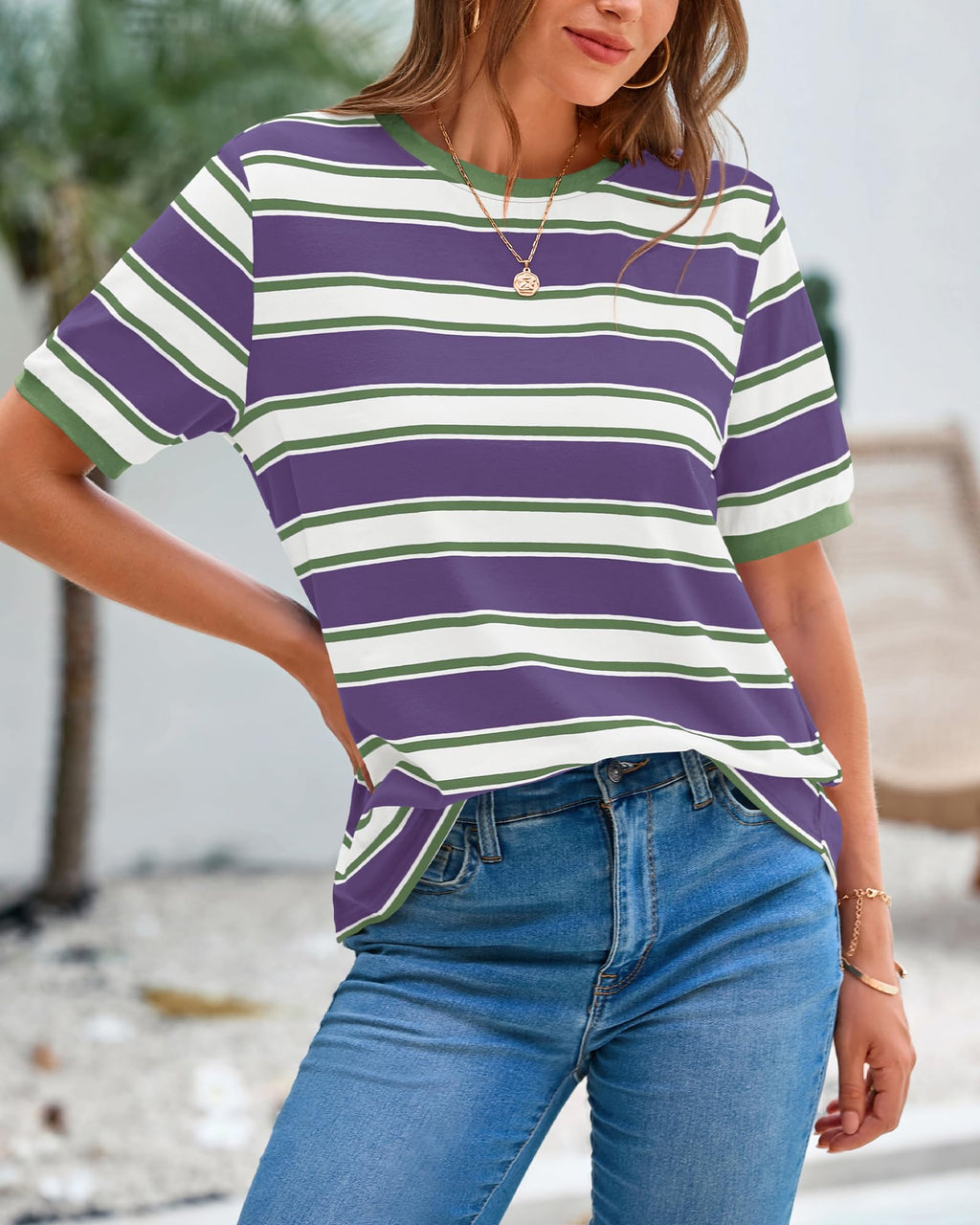BTFBM Summer Tops for Women Crewneck Short Sleeve Striped T Shirts Casual Spring Clothes Color Block Basic Tee Blouses