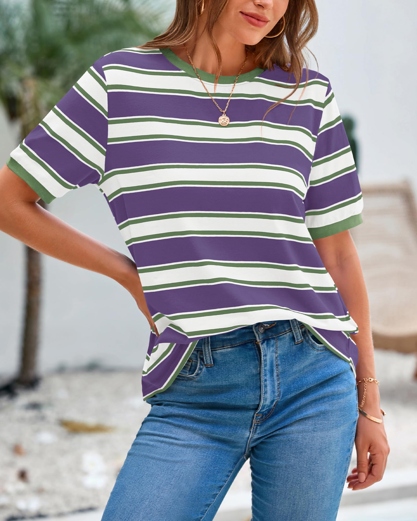 BTFBM Summer Tops for Women Crewneck Short Sleeve Striped T Shirts Casual Spring Clothes Color Block Basic Tee Blouses