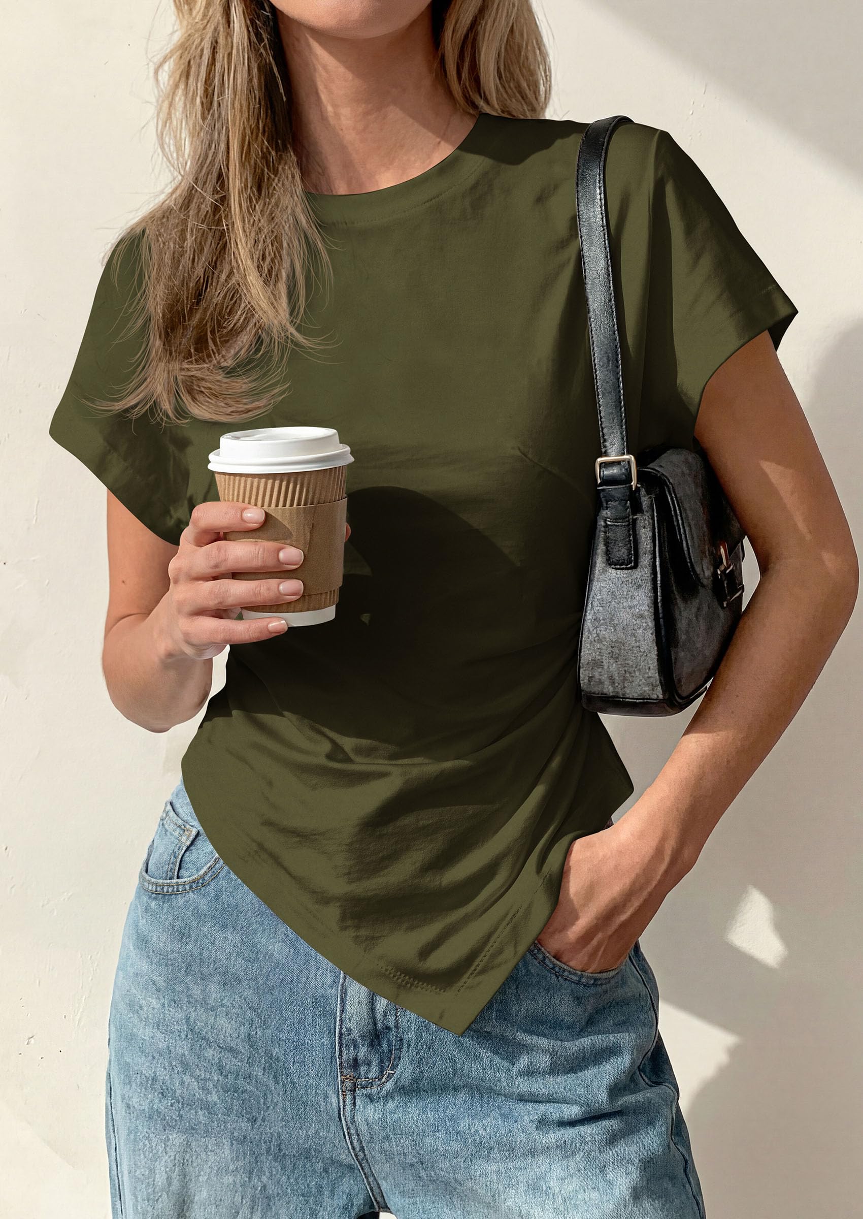 PRETTYGARDEN Womens Short Sleeve Crew Neck Trendy Shirts Spring Summer Y2K Going Out Tops Asymmetrical Ruched Blouse