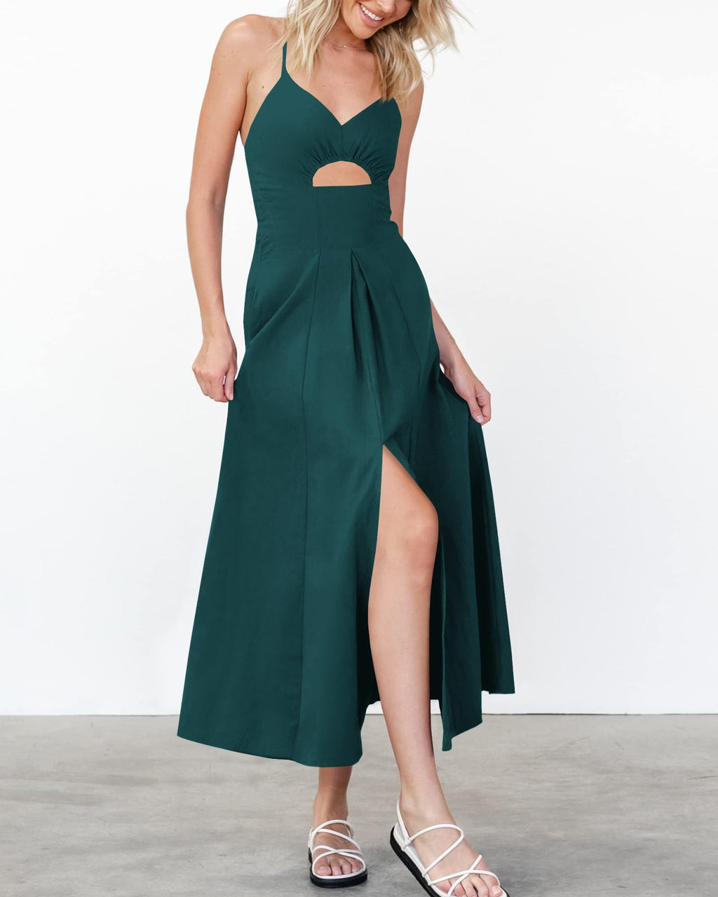 BTFBM Women Spaghetti Strap Midi Summer Dresses Sleeveless V Neck Cutout Slit Casual Beach Party Maxi Dress Pockets