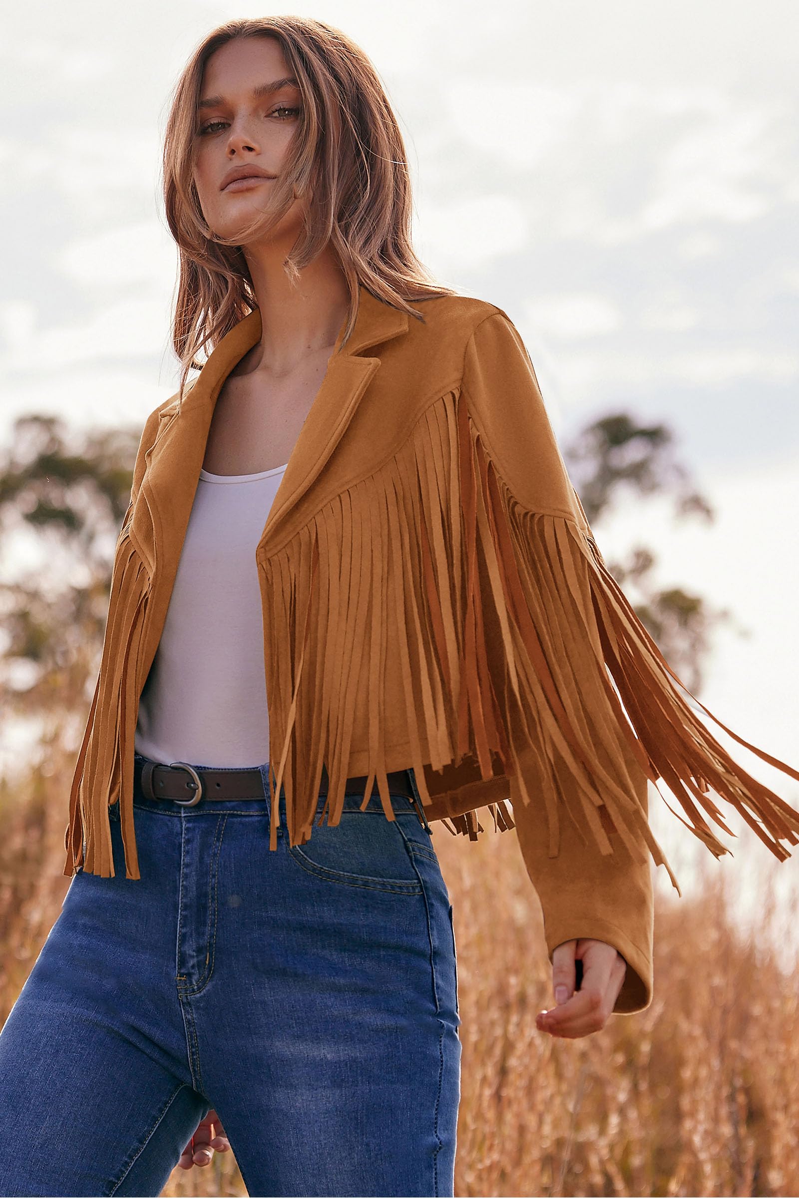 PRETTYGARDEN Women's Fringe Faux Suede Leather Jackets Fall Fashion Tassel Motorcycle Cropped Coats