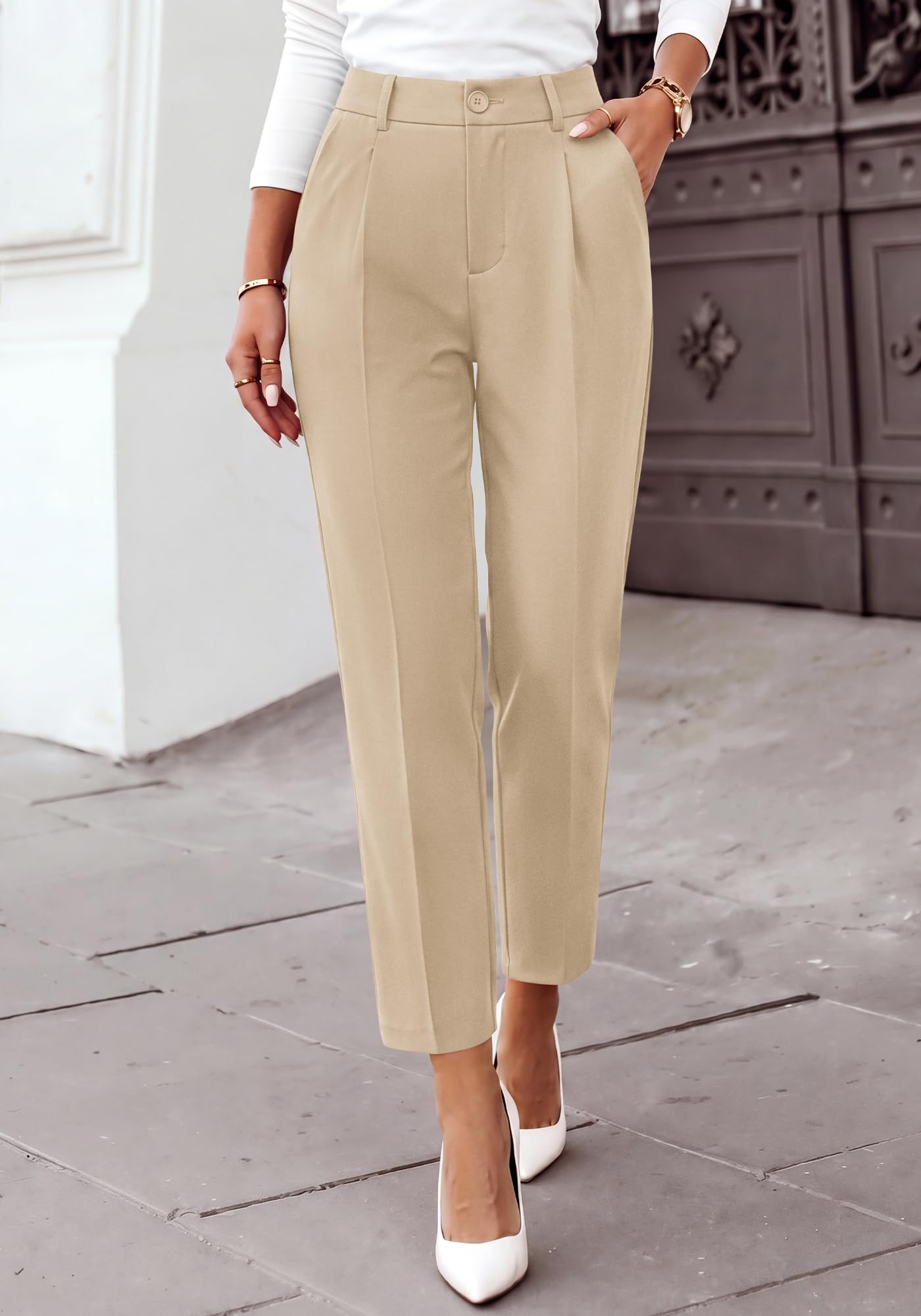 BTFBM Dress Pants Women Work Business Office Ankle Trousers Pockets Straight Leg Pleated Womens Slacks,Tapered Trousers for Work Office,Elastic Back High Waist,Fall Business Casual Outfits