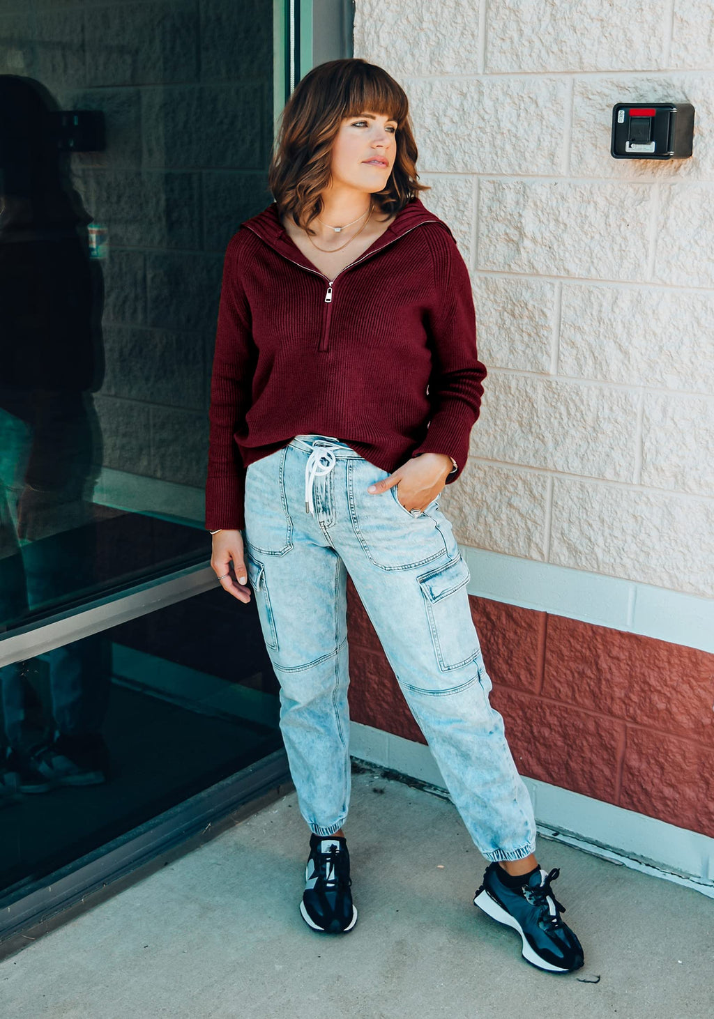 FreshPretty Womens Sweaters Quarter Zip Pullover V Neck Collar Long Sleeve Ribbed Knit Loose Casual Winter Fall Sweater