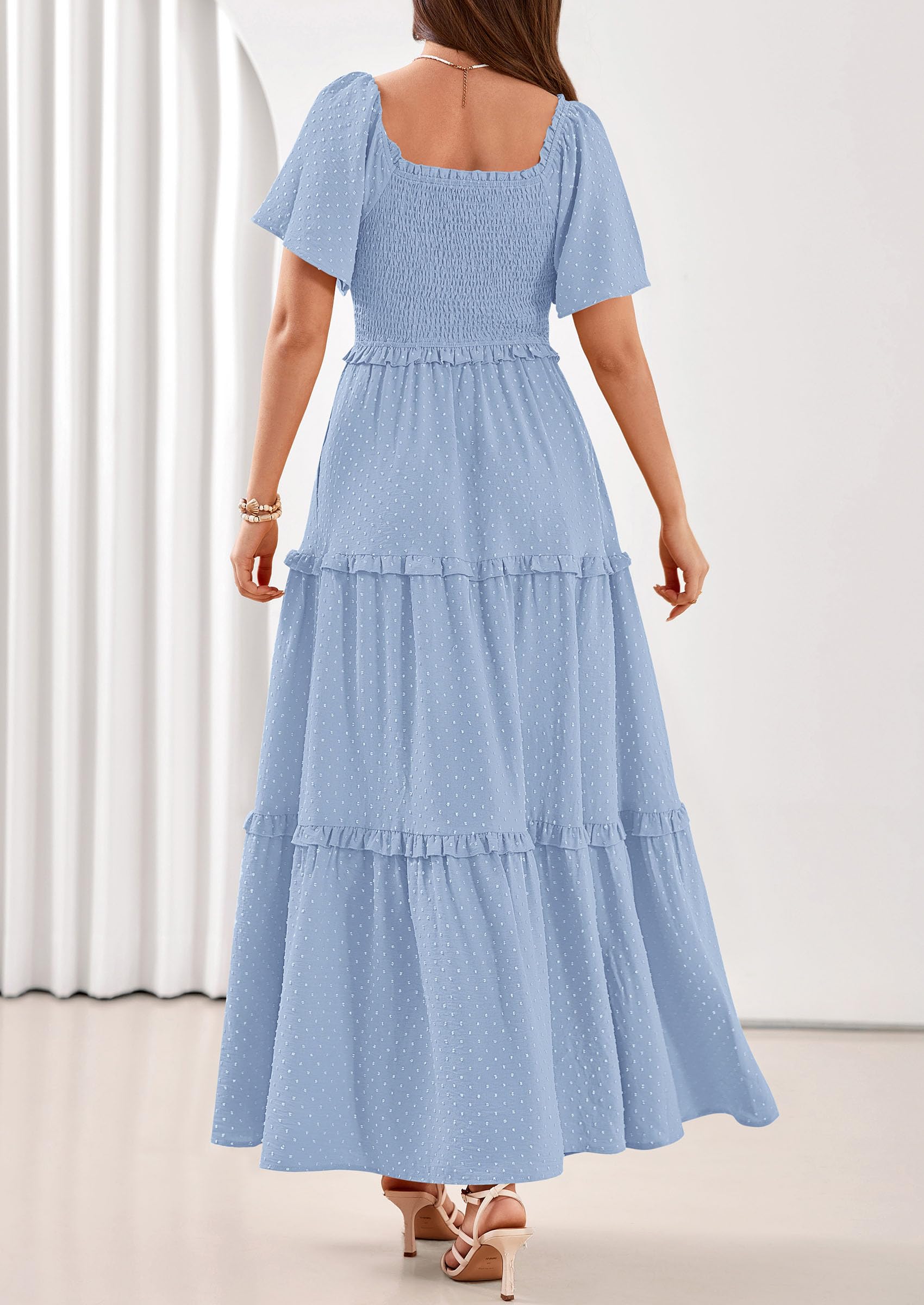 PRETTYGARDEN Summer Dresses for Women Boho Swiss Dot Smocked Square Neck Short Sleeve Spring Wedding Guest Maxi Dress