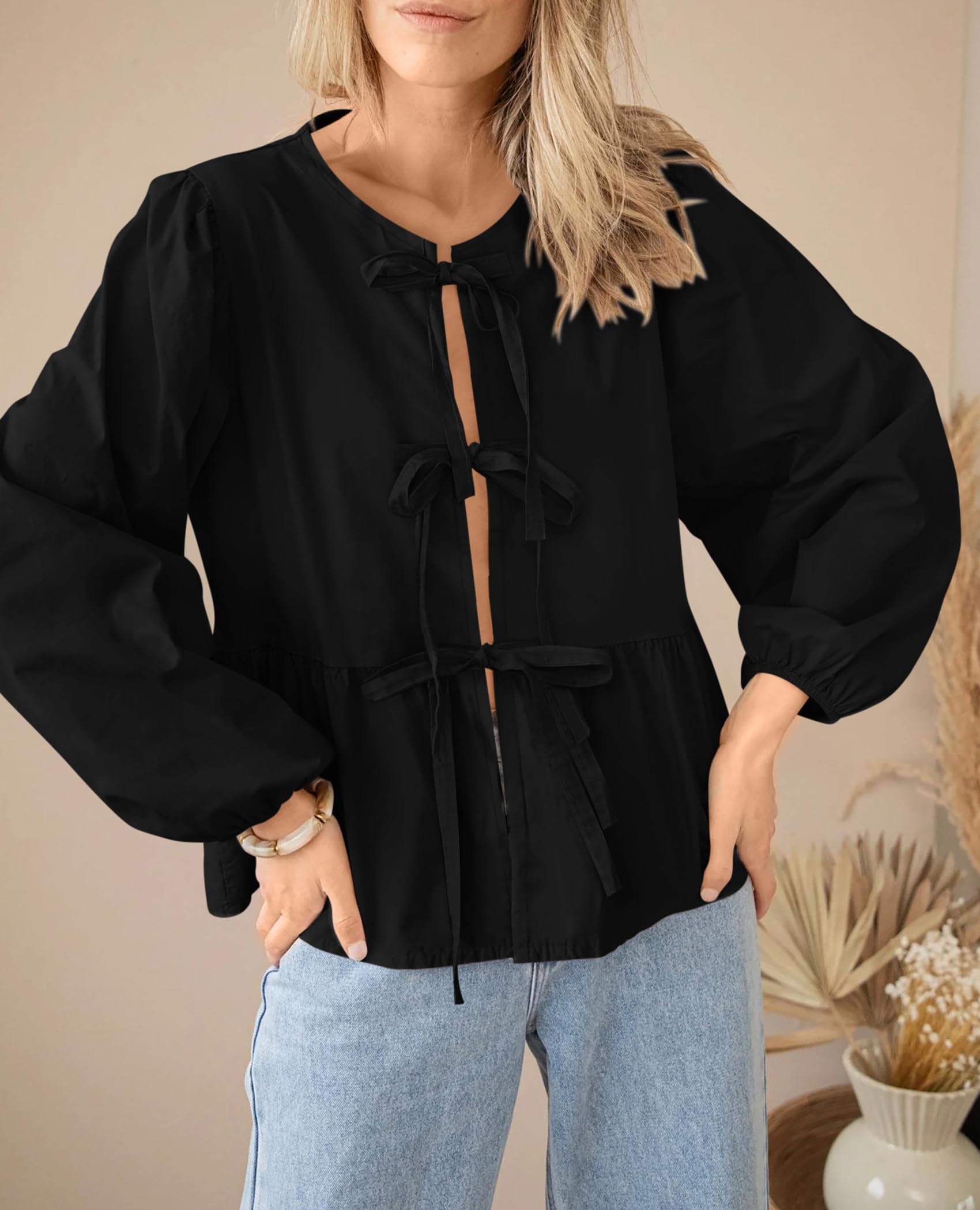PRETTYGARDEN Women's Spring Fall Babydoll Peplum Blouse Shirt Puff Long Sleeve Bow Tie Front Trendy Cute Y2K Going Out Tops