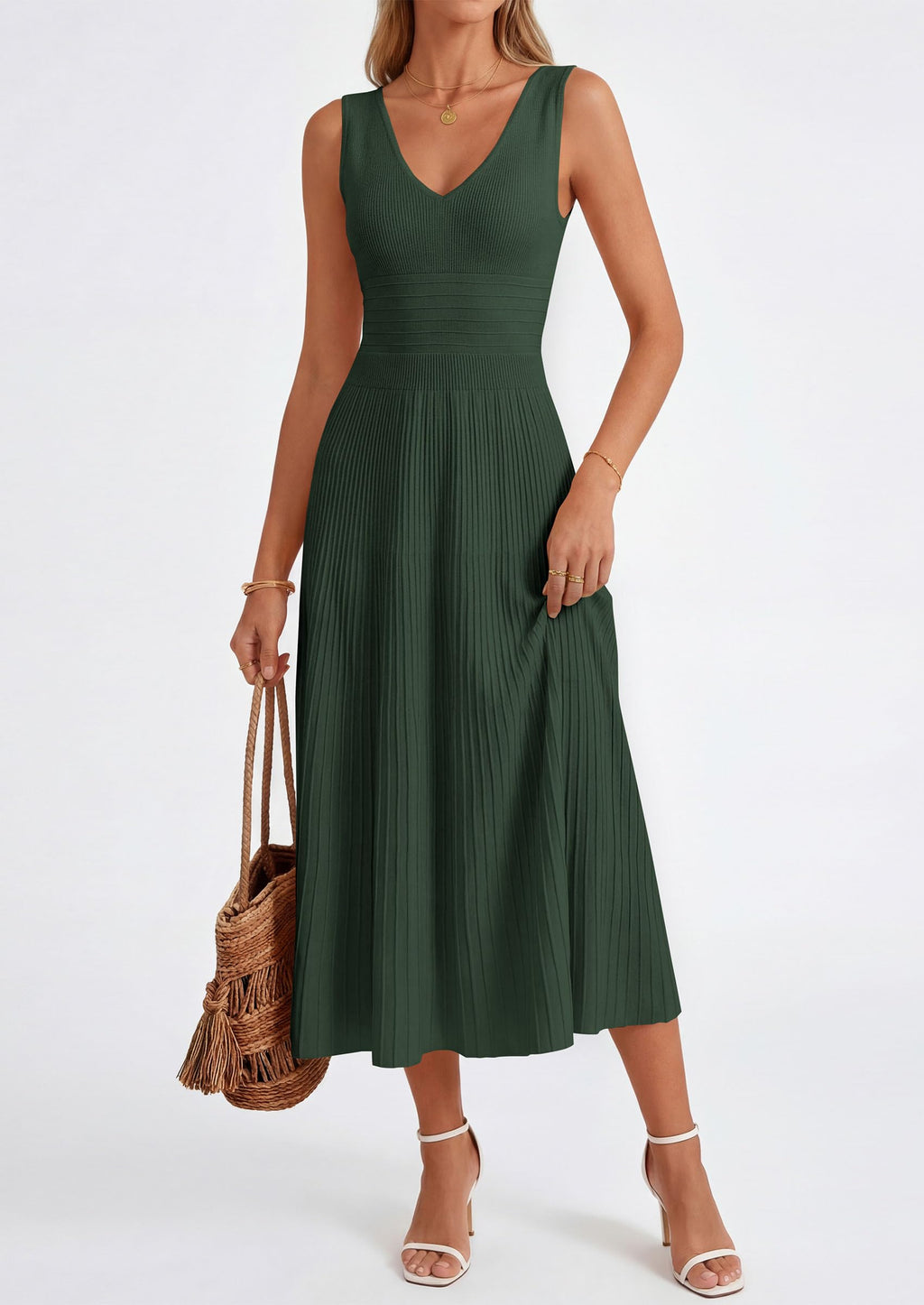 PRETTYGARDEN Women's Summer Casual Dresses Spring Sleeveless V Neck Knit Midi Business Work A Line Cocktail Dress