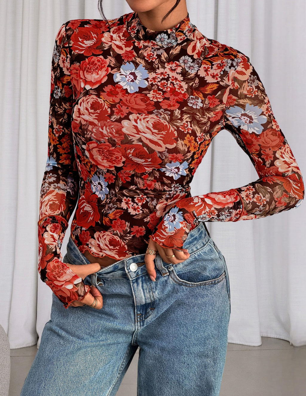 PRETTYGARDEN Womens Fall Mesh Floral Blouses Long Sleeve Going Out Tops Slim Fitted Shirts Date Night Outfits