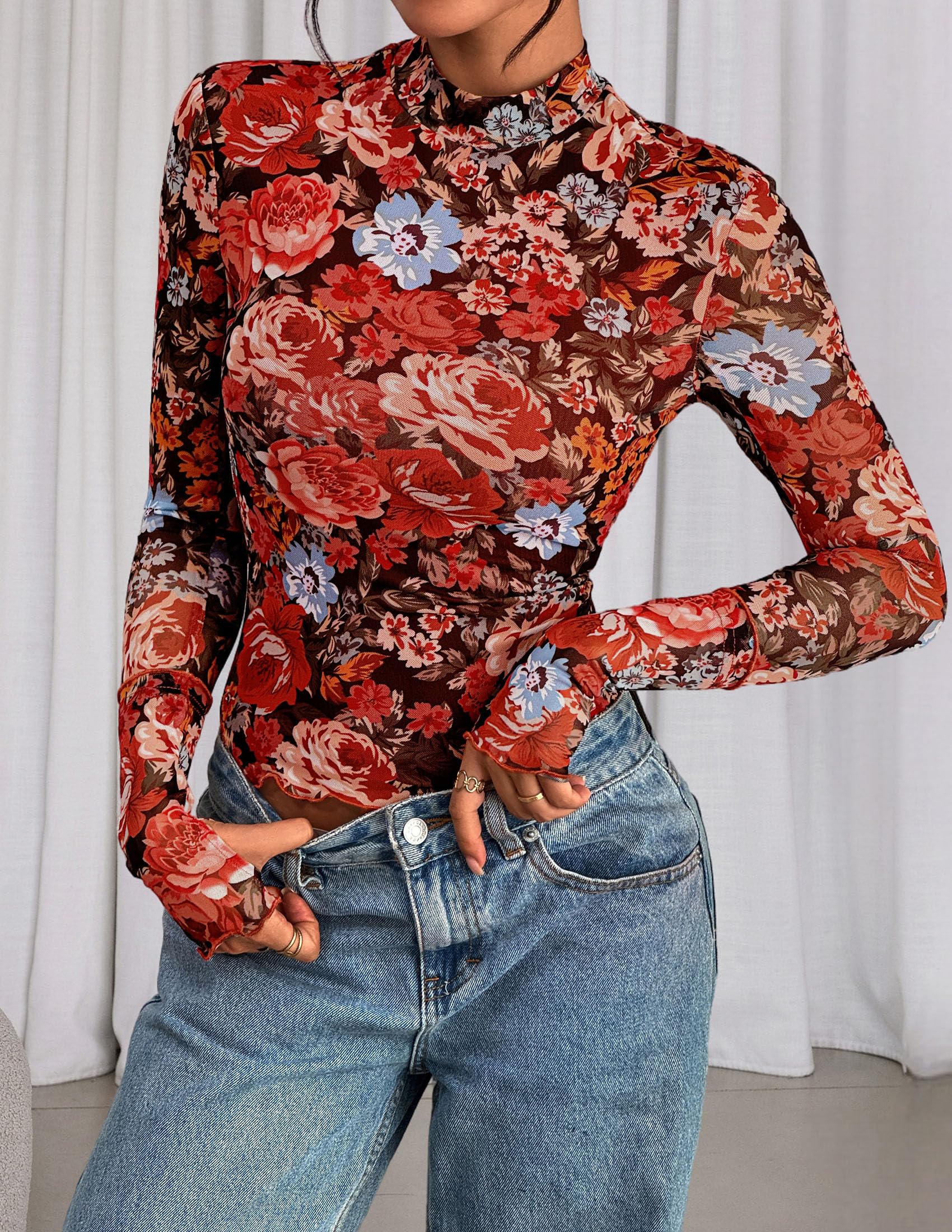 PRETTYGARDEN Womens Fall Mesh Floral Blouses Long Sleeve Going Out Tops Slim Fitted Shirts Date Night Outfits