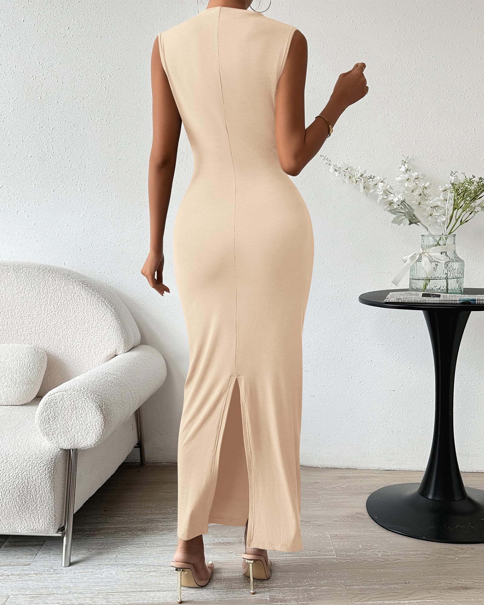 FreshPretty Women's Ruched Bodycon Dress Summer Casual Sleeveless Back Slit Elegant Club Evening Party Cocktail Maxi Dresses