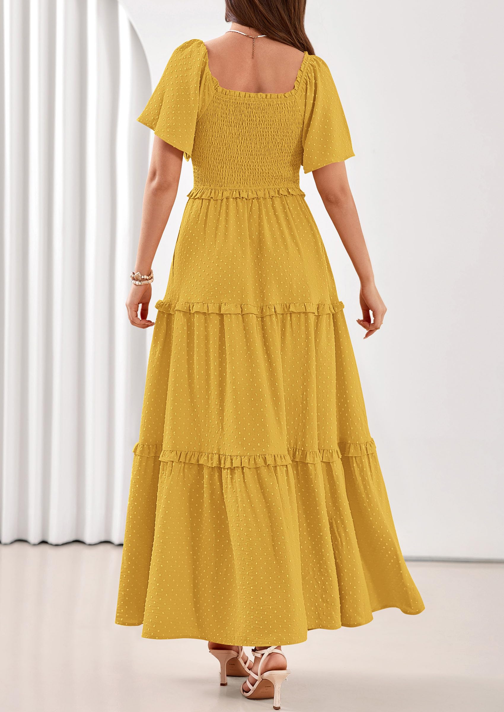 PRETTYGARDEN Summer Dresses for Women Boho Swiss Dot Smocked Square Neck Short Sleeve Spring Wedding Guest Maxi Dress