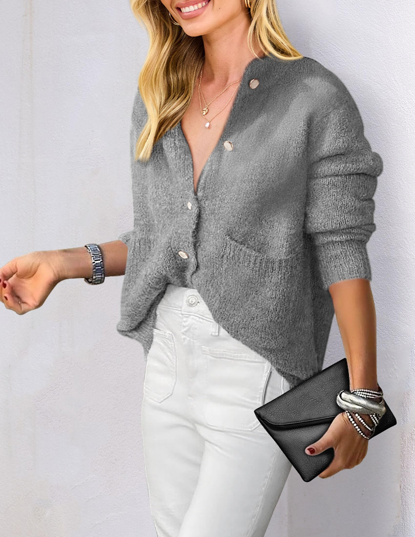 PRETTYGARDEN Women's Knit Cardigan Sweaters Casual Long Sleeve Open Front Button Up Ribbed Fall Spring Sweater Jackets