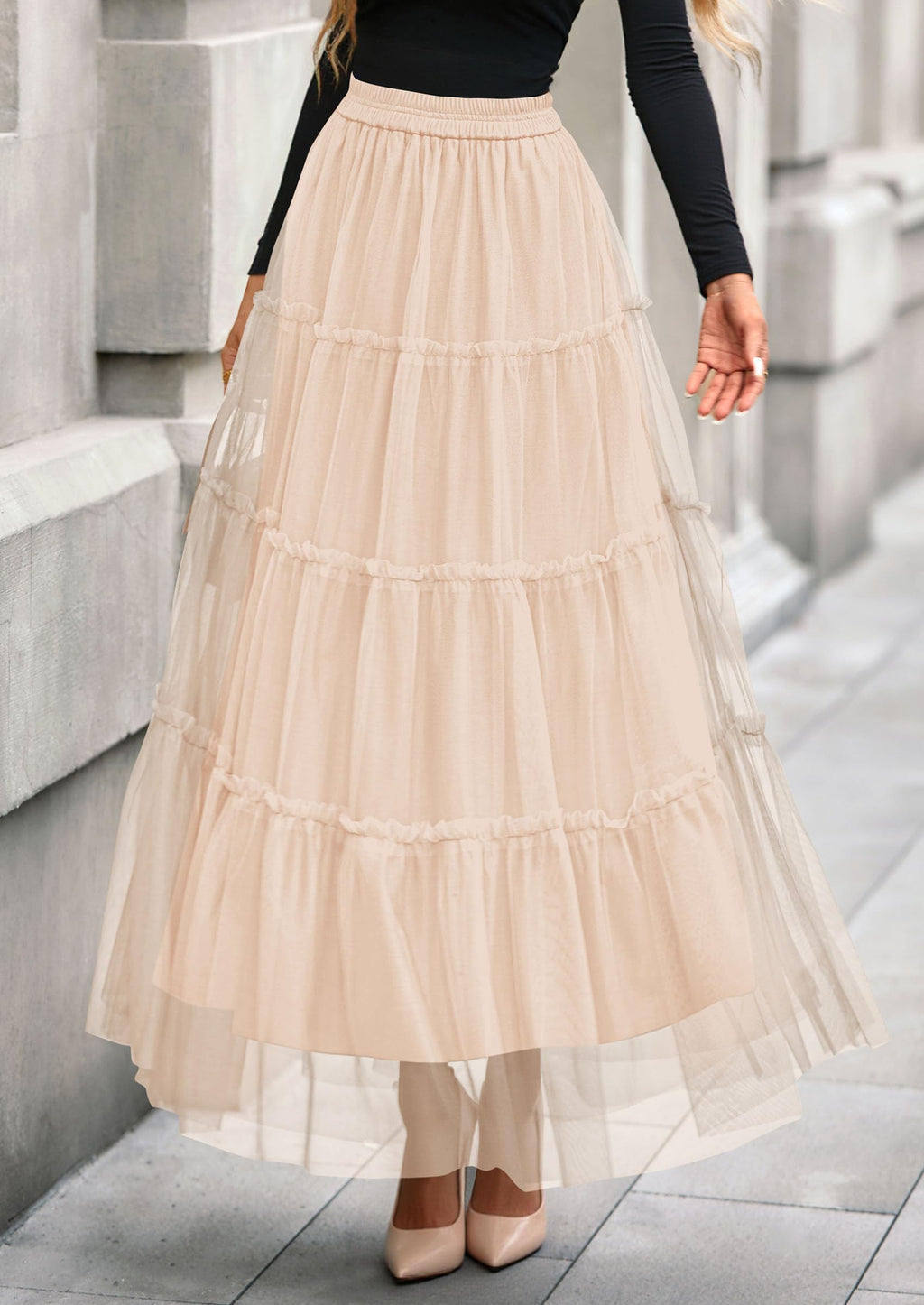 PRETTYGARDEN Tulle Skirts for Women Fall Fashion Elastic High Waisted Fairy Tiered Flowy A-Line Casual Maxi Long Skirt