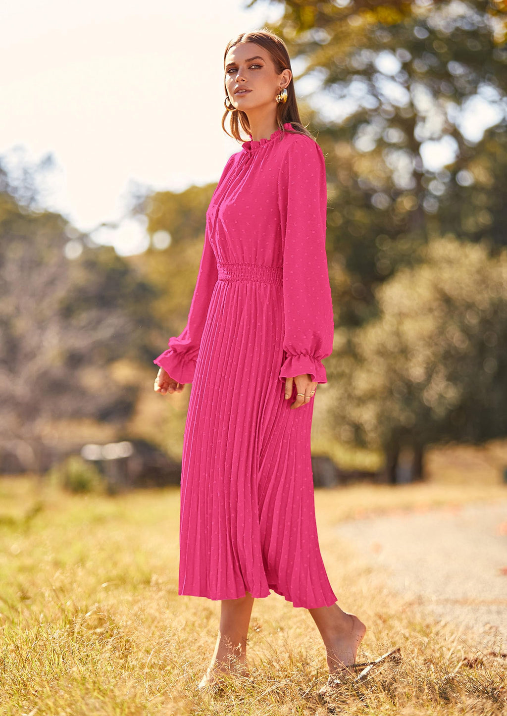 PRETTYGARDEN Women's Spring Fall Midi Dress Casual Long Sleeve V Neck Swiss Dot Pleated A Line Flowy Dresses