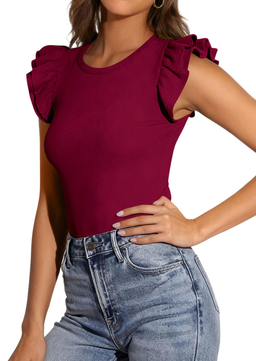 PRETTYGARDEN Womens Summer Crew Neck T Shirts Trendy Ruffle Sleeve Slim Fit Knit Going Out Tops Casual Spring Clothes