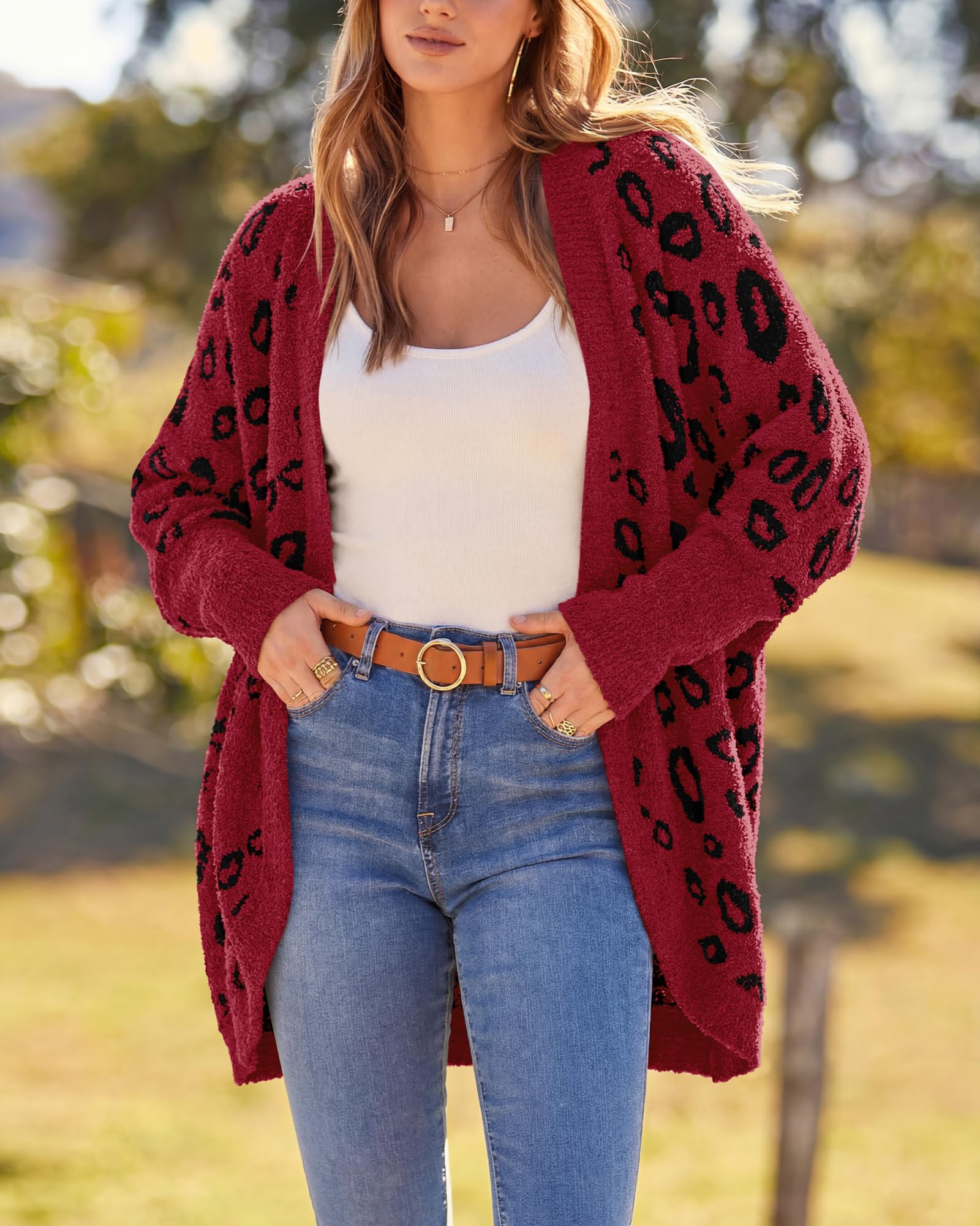 BTFBM Leopard Cardigan for Women Long Sleeve Open Front Cardigans Sweaters Pockets Loose Knit Fall Spring Outwear