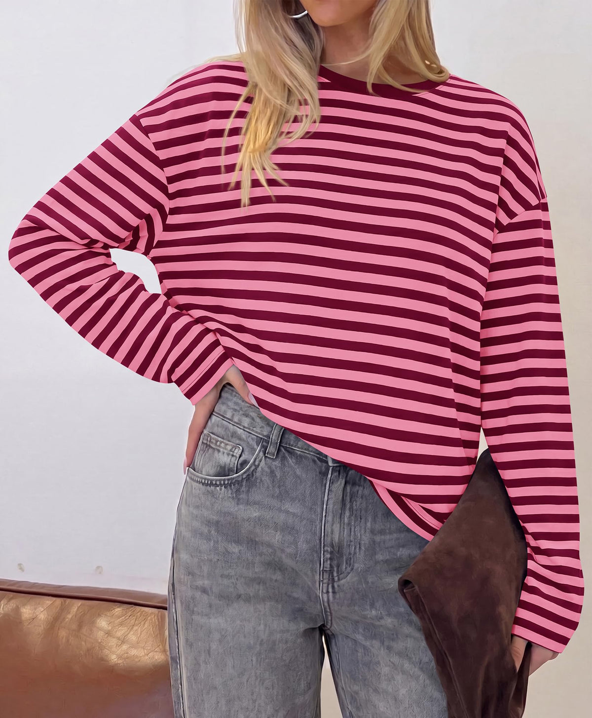BTFBM Womens Long Sleeve Tops Fall Fashion | Lightweight, Crew Neck, Oversized Striped Shirt Women, Y2k Clothes, Vacation Travel Outfits, Going Out Top, Winter Layering