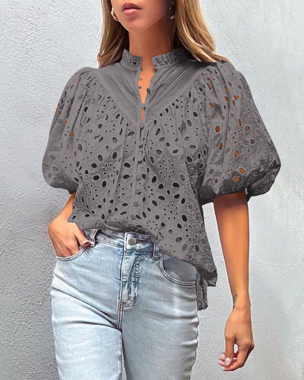 PRETTYGARDEN Women's Summer Tops Dressy Casual Short Sleeve V Neck Buttons Hollow Out Lace Embroidered Blouses Shirts