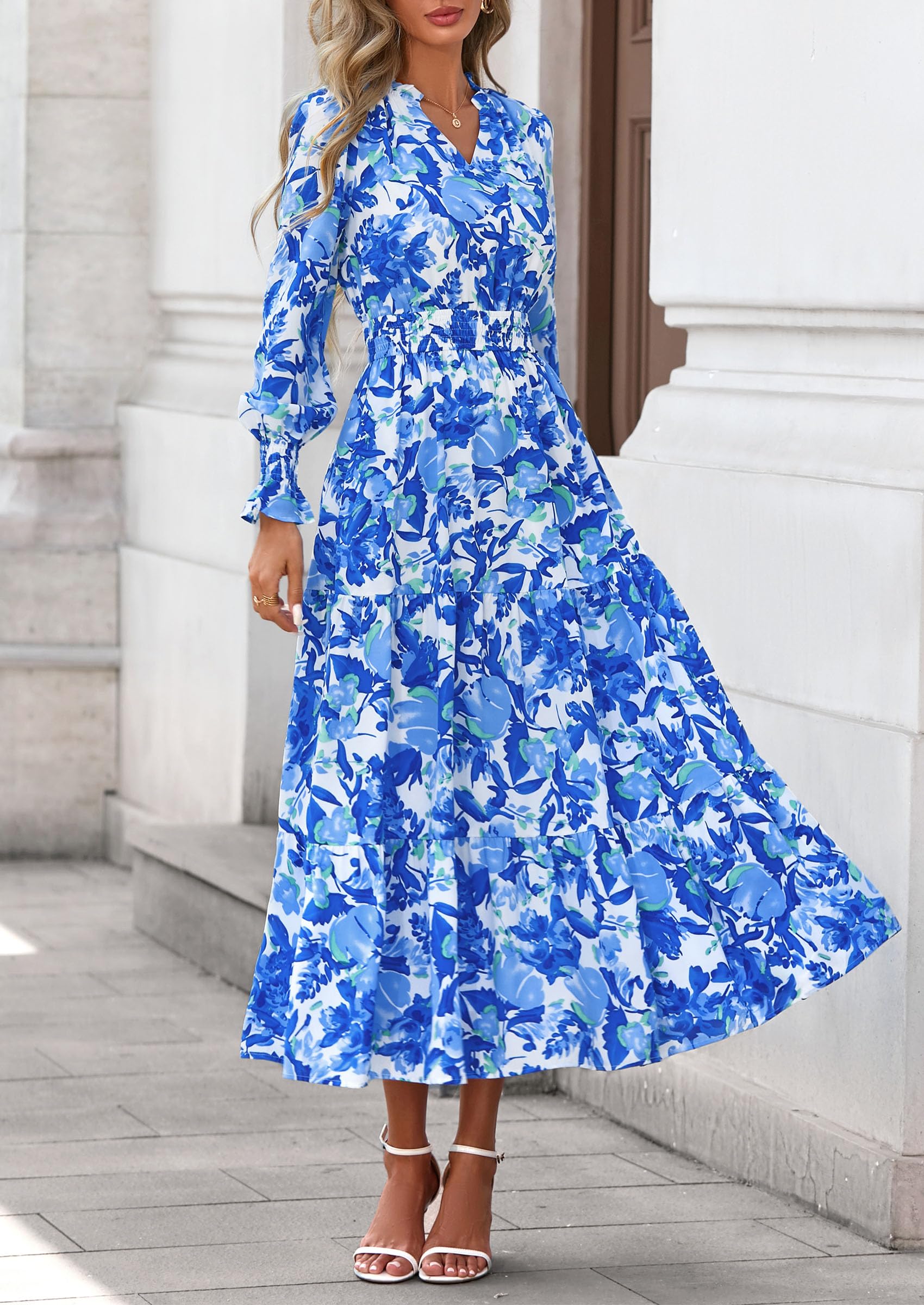 PRETTYGARDEN Women's Floral Maxi Dress Fall Long Sleeve V Neck Casual A Line Long Flowy Boho Party Dresses