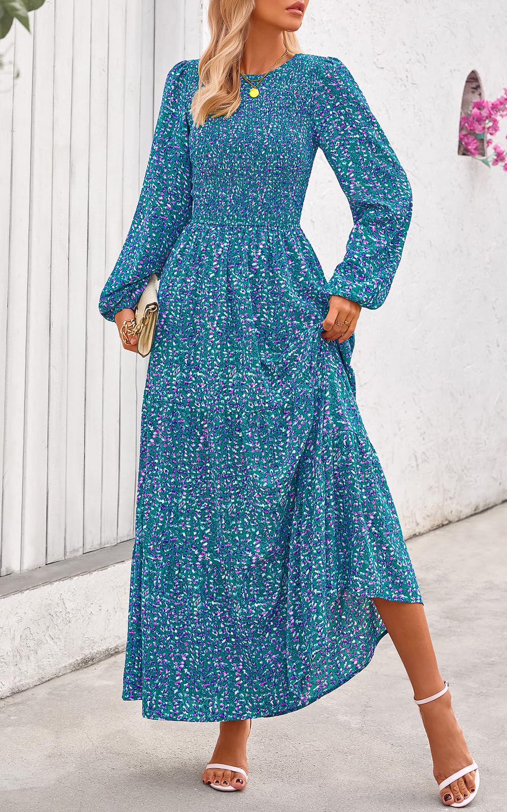 PRETTYGARDEN Women's Fall Dresses Long Sleeve Flowy Casual Floral Maxi Dress Crew Neck Smocked Tiered Long Dress