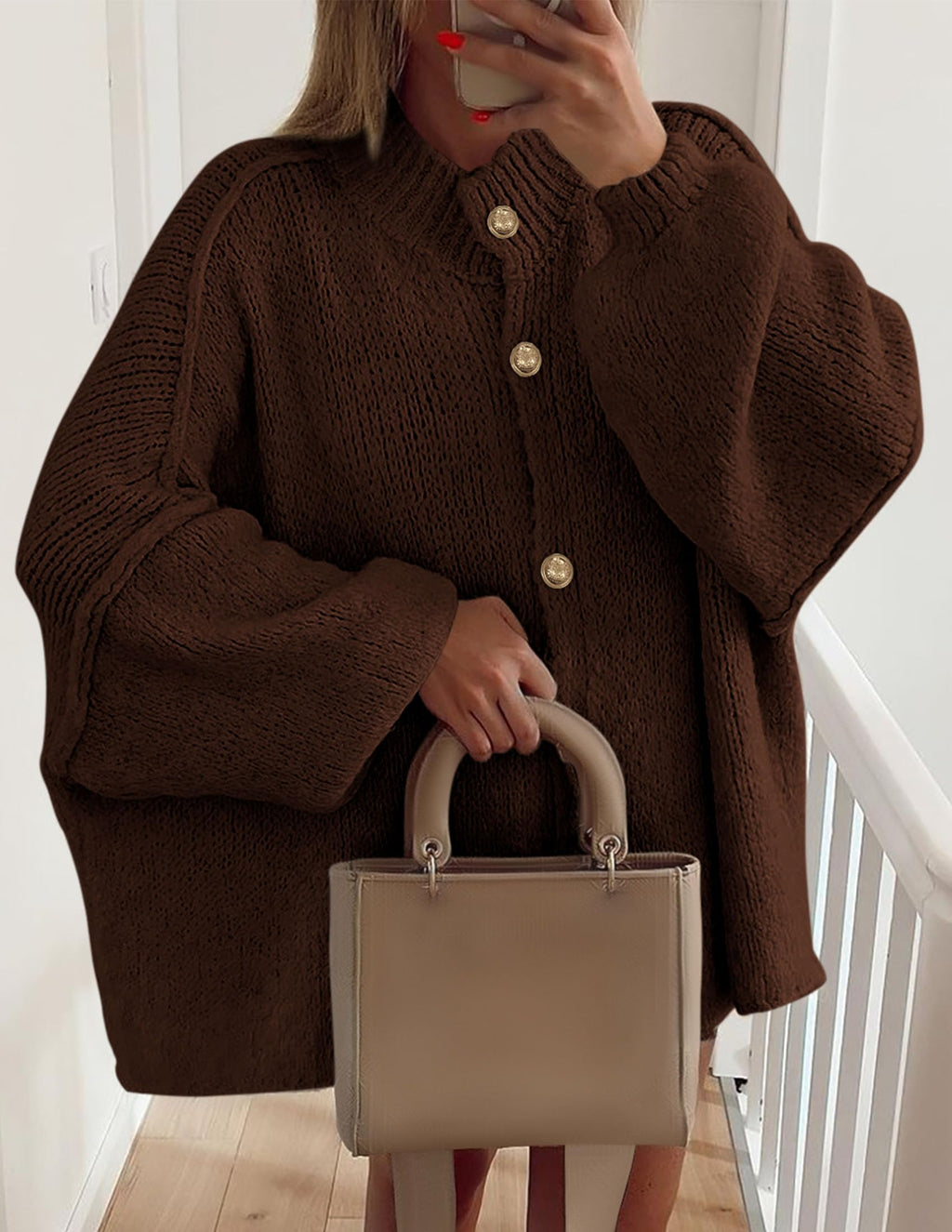 PRETTYGARDEN Women's Winter Button Down Cardigan Sweaters Mock Neck Lantern Long Sleeve Chunky Knit Jacket Trendy Outerwear