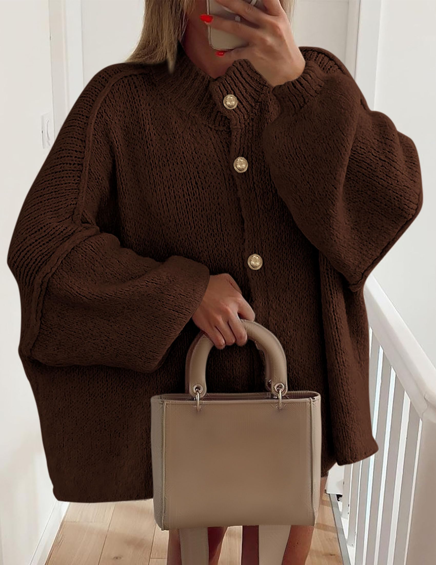 PRETTYGARDEN Women's Winter Button Down Cardigan Sweaters Mock Neck Lantern Long Sleeve Chunky Knit Jacket Trendy Outerwear