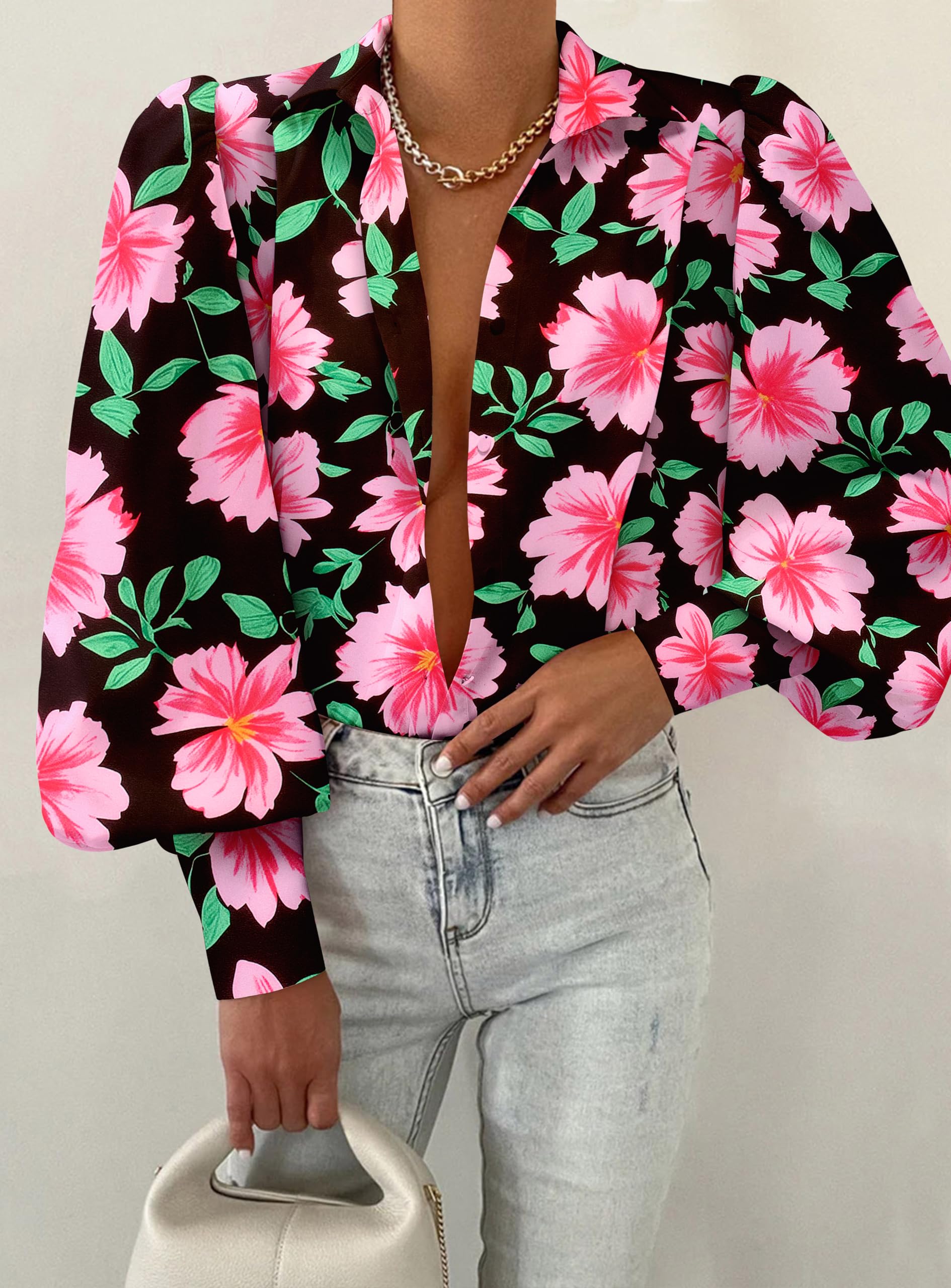 BTFBM Women Fashion Button Down Shirts V Neck Boho Printed Long Sleeve Blouses Dressy Casual Spring Fall Tops