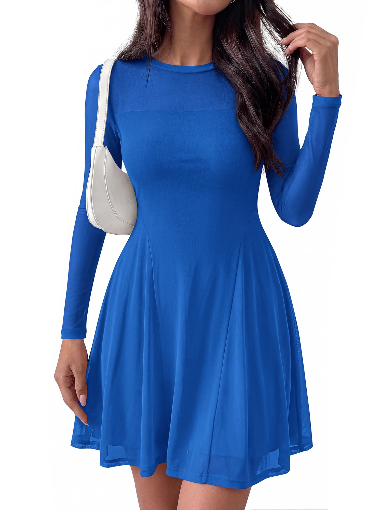 BTFBM Women’s Mini Dress Sheer Mesh Long Sleeve Crew Neck Flowy A Line Casual Cocktail Party Going Out Dresses Fall