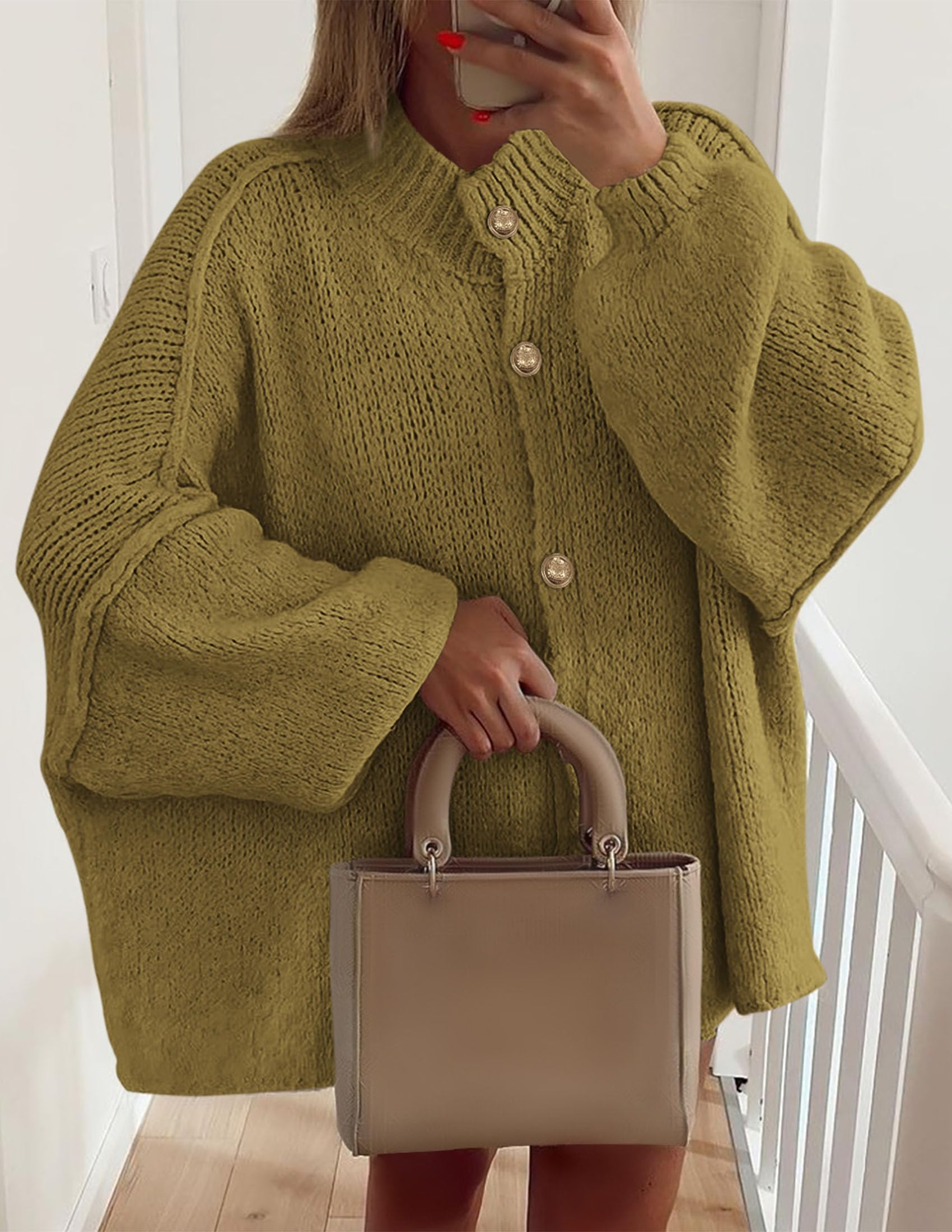 PRETTYGARDEN Women's Winter Button Down Cardigan Sweaters Mock Neck Lantern Long Sleeve Chunky Knit Jacket Trendy Outerwear