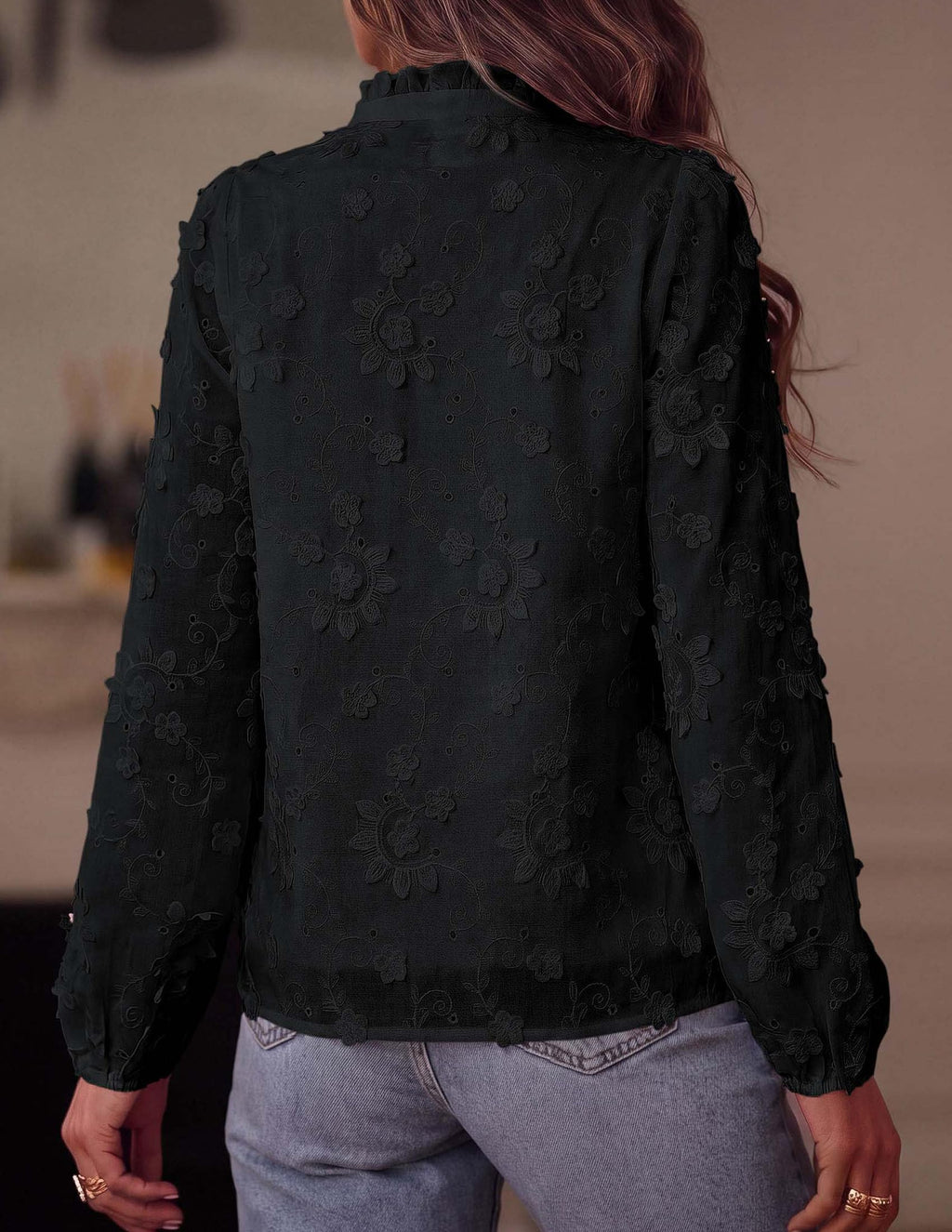 PRETTYGARDEN Women's Floral Embroidered Button Down Shirts | Ladies Dressy Fall Blouses, Long Sleeves, Ruffle Neck, Elegant Boho Eyelet Tops for Work, Business & Spring Casual Outings
