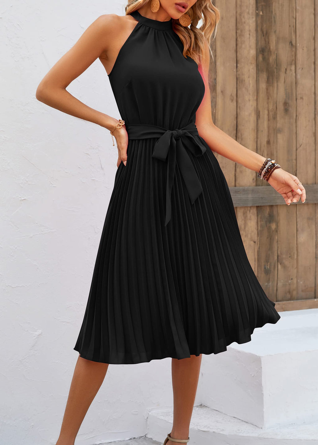 FreshPretty Women's Summer Sleeveless Halter Neck Pleated Midi Cocktail Dresses A Line Flowy Beach Sun Dress with Belt