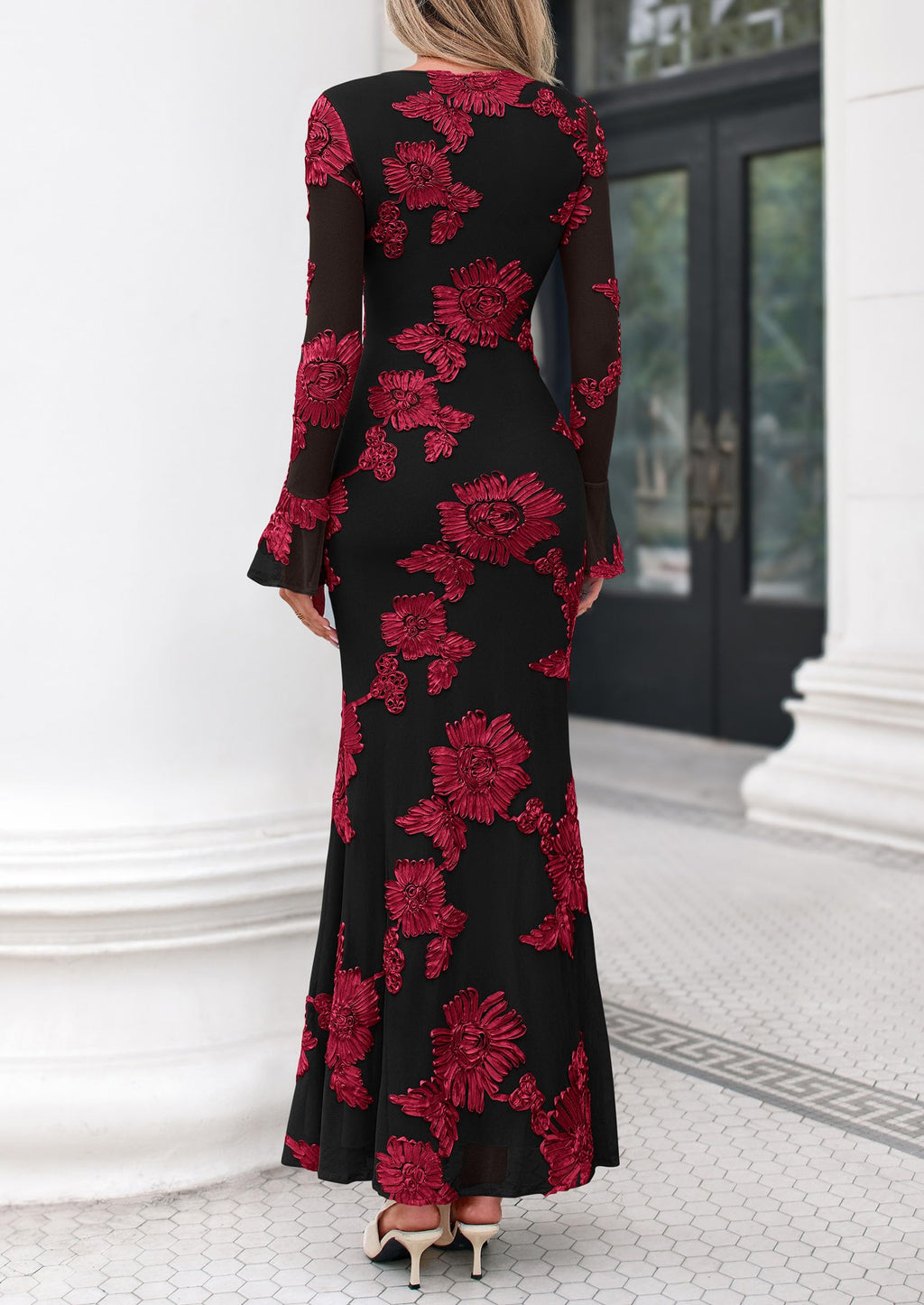 PRETTYGARDEN Women's Formal Floral Maxi Bodycon Dresses Ruffle Long Sleeve, Fall Winter Outfits 2026 for Wedding Guest, Homecoming & Cocktail, Slimming Mesh Dress with Lining