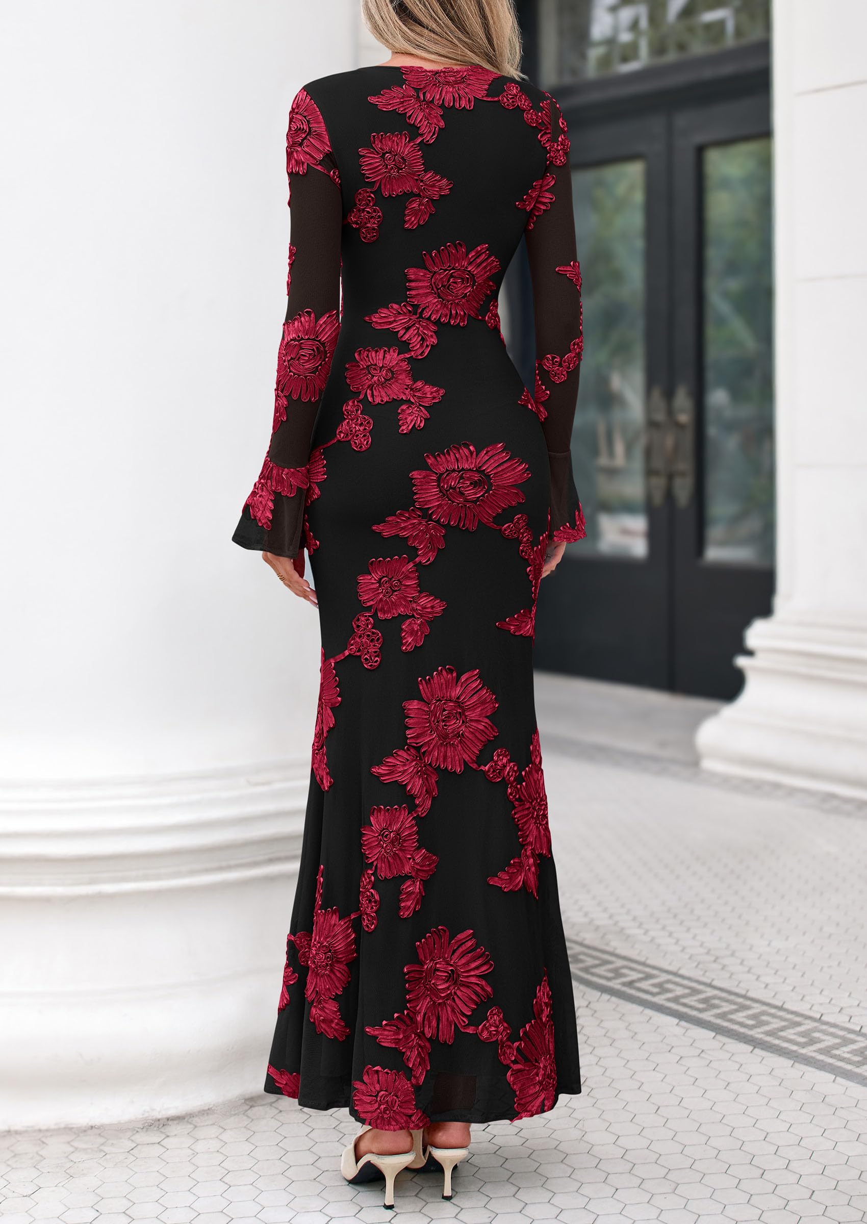 PRETTYGARDEN Women's Formal Floral Maxi Bodycon Dresses Ruffle Long Sleeve, Fall Winter Outfits 2026 for Wedding Guest, Homecoming & Cocktail, Slimming Mesh Dress with Lining