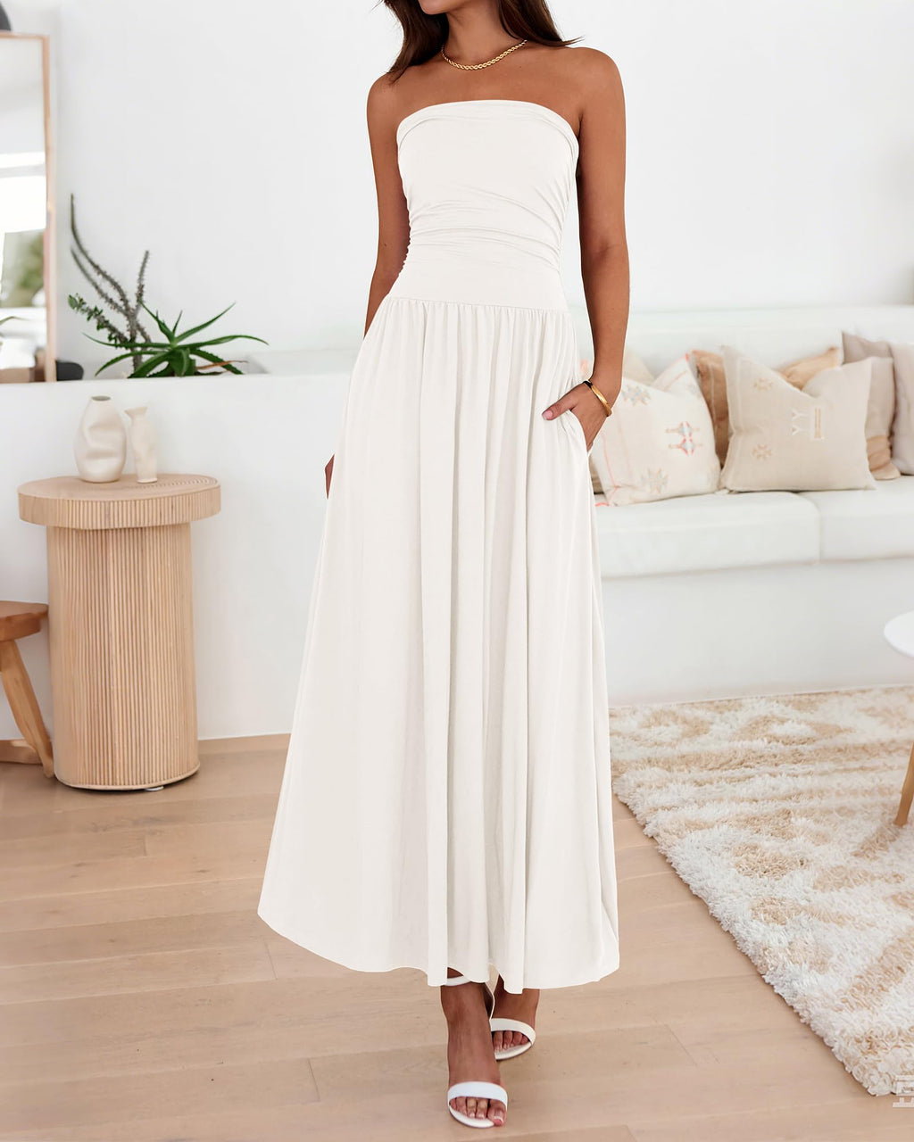 BTFBM Summer Maxi Dresses for Women Strapless Ruched Tube Top Beach Vacation Spring Wedding Guest Dress Pockets