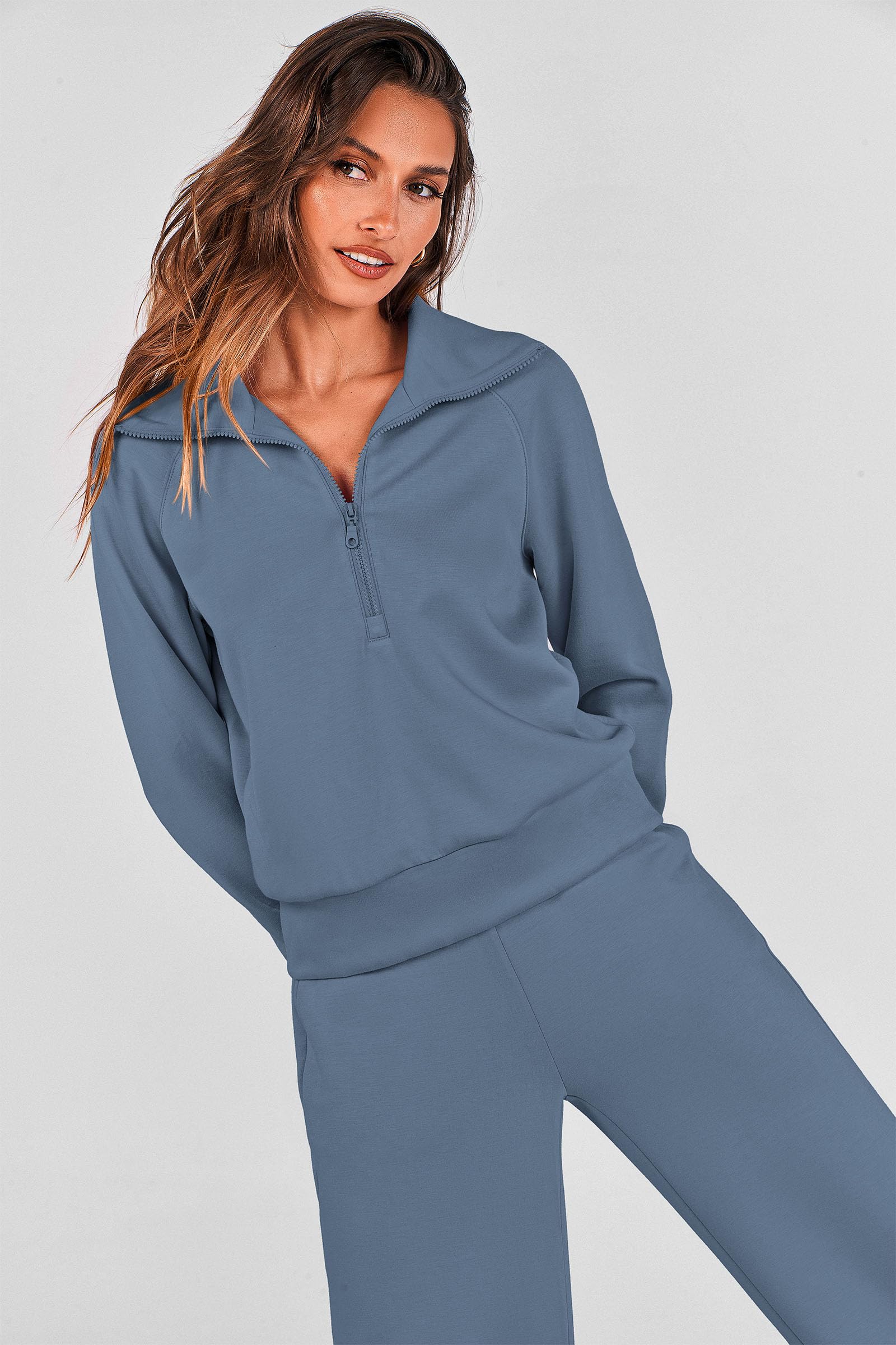 PRETTYGARDEN Women's 2 Piece Outfits Casual Lapel Half Zip Sweatshirts and Wide Leg Pants Tracksuit Sets