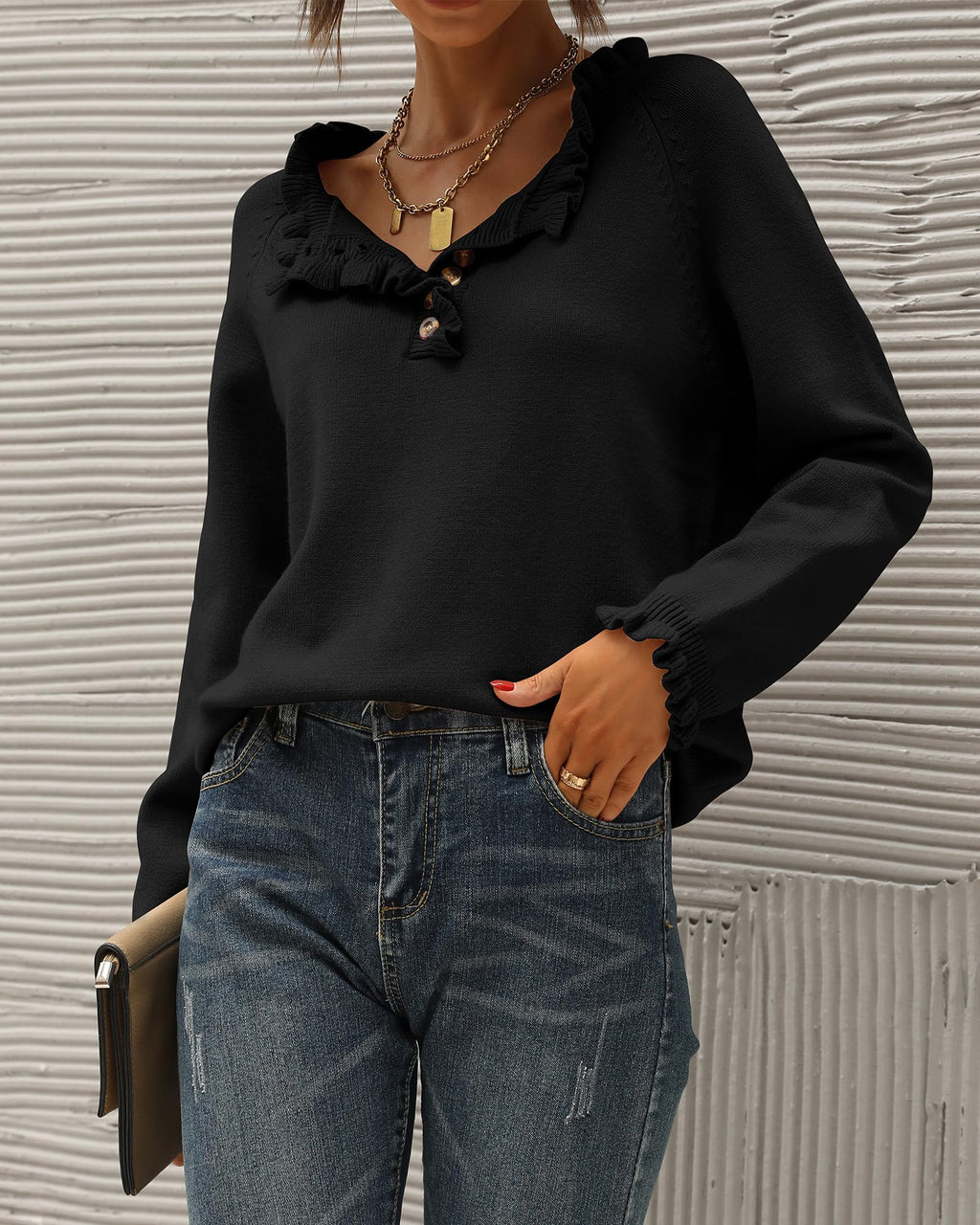 FreshPretty Womens Sweaters Fall Winter Clothes Long Sleeve Button Down Ruffle Crew Neck Casual Knitted Pullover Tops