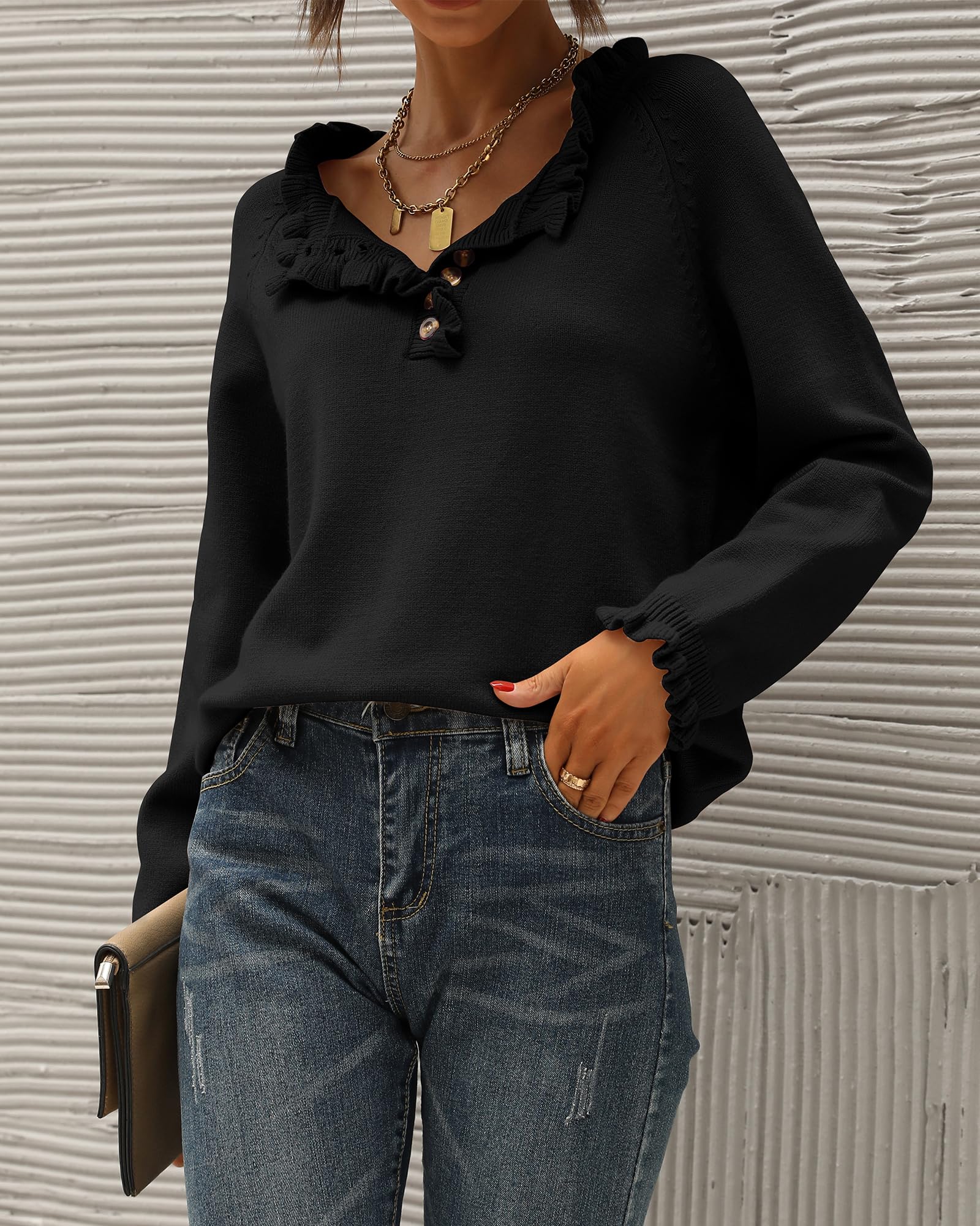 FreshPretty Womens Sweaters Fall Winter Clothes Long Sleeve Button Down Ruffle Crew Neck Casual Knitted Pullover Tops