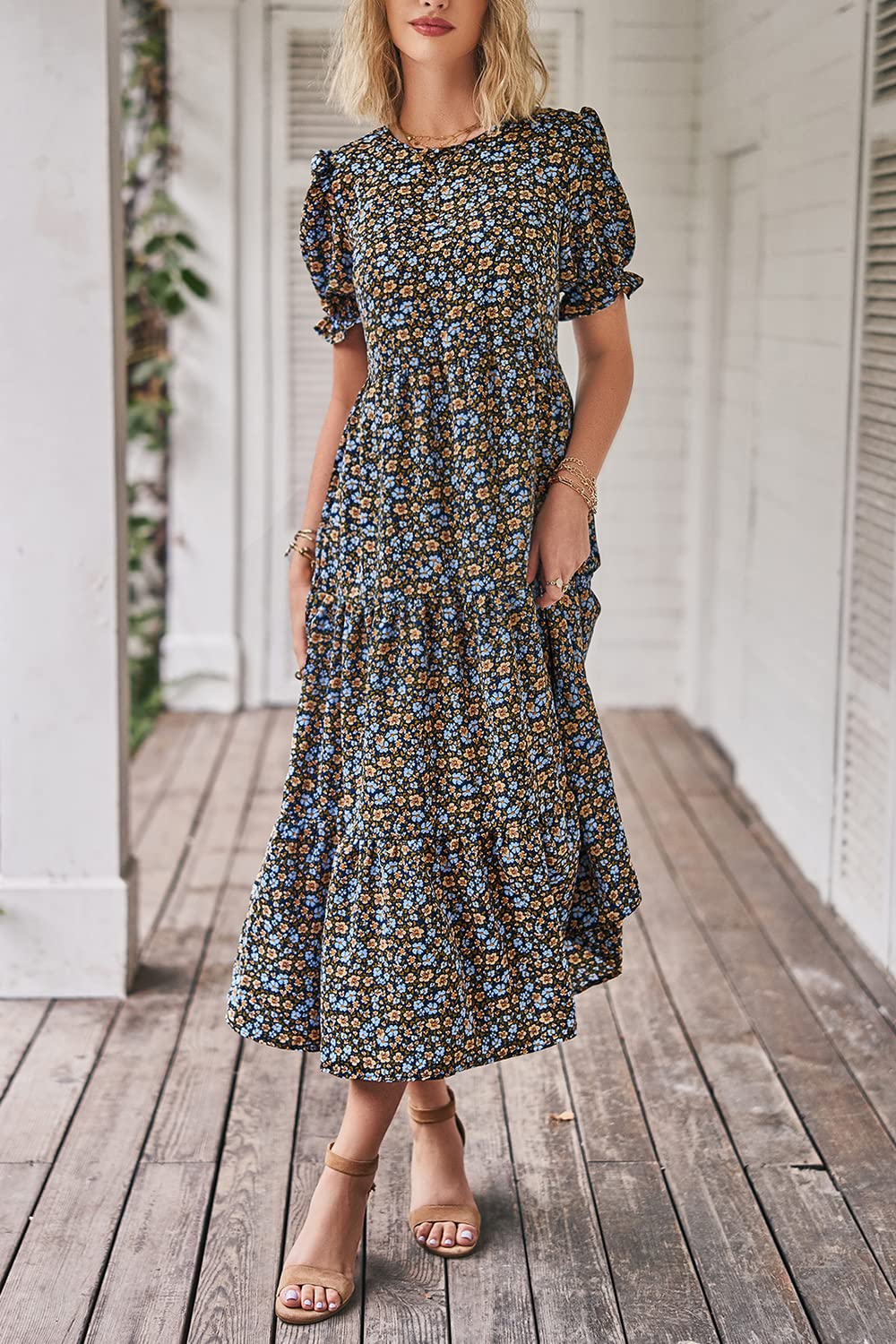 PRETTYGARDEN Summer Dresses for Women Casual Floral Boho Midi Sun Dress Puff Short Sleeve Flowy Beach Vacation Sundress