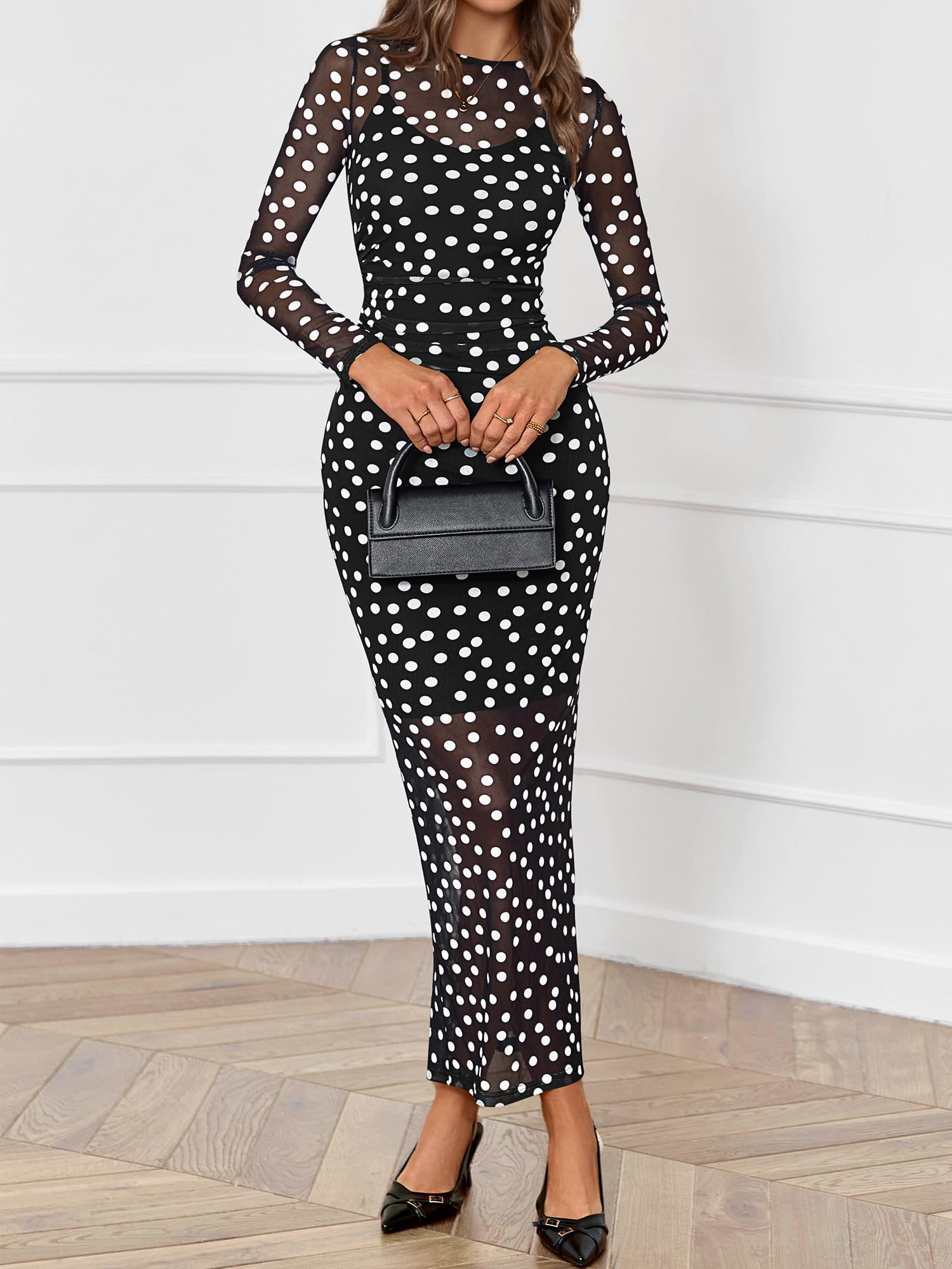 BTFBM Spring Dresses for Women 2 Piece Set Long Sleeve Polka Dot Sexy Bodycon Mesh Dress and Slip Dress Wedding