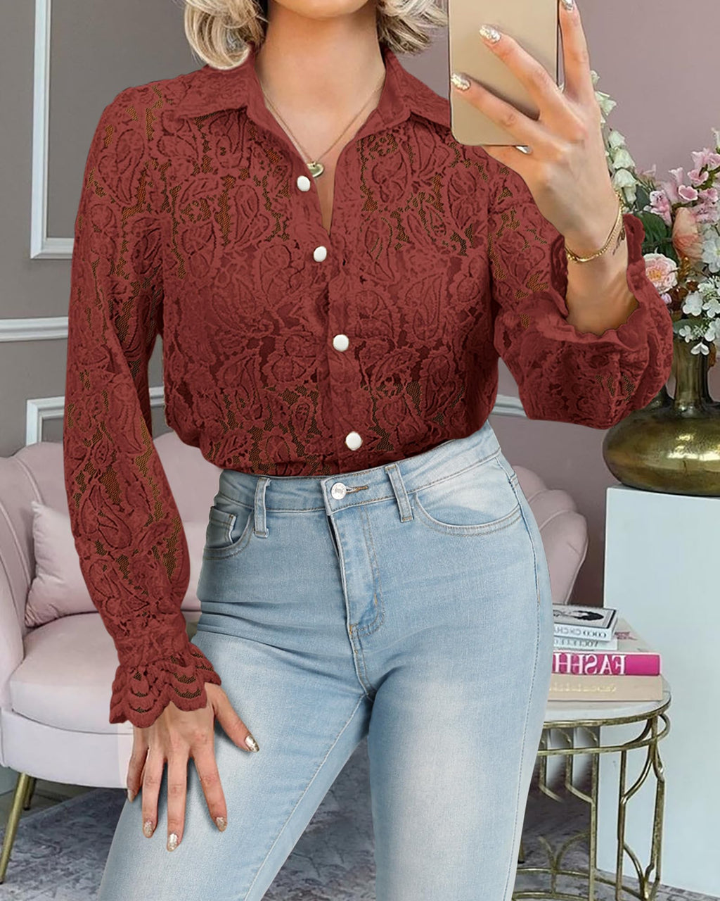 FreshPretty Long Sleeve Lace Blouses for Women Spring Dressy Casual Button Down Shirts Date Night Outfit Club Party Tops