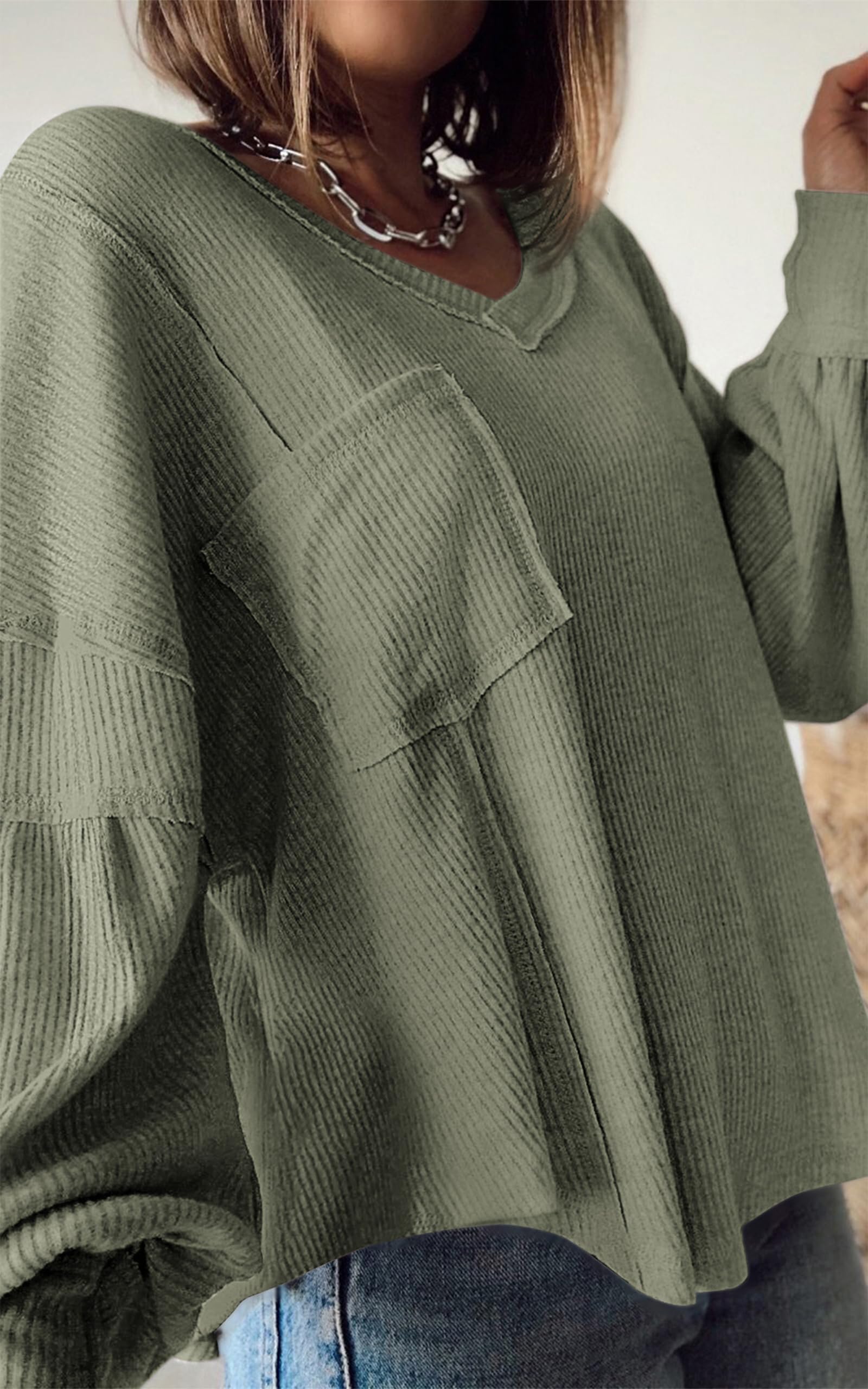 FreshPretty Womens Fall Fashion Long Sleeve Shirts Casual V Neck Ribbed Knit Blouses Pullover Trendy Loose Fit Tunic Tops