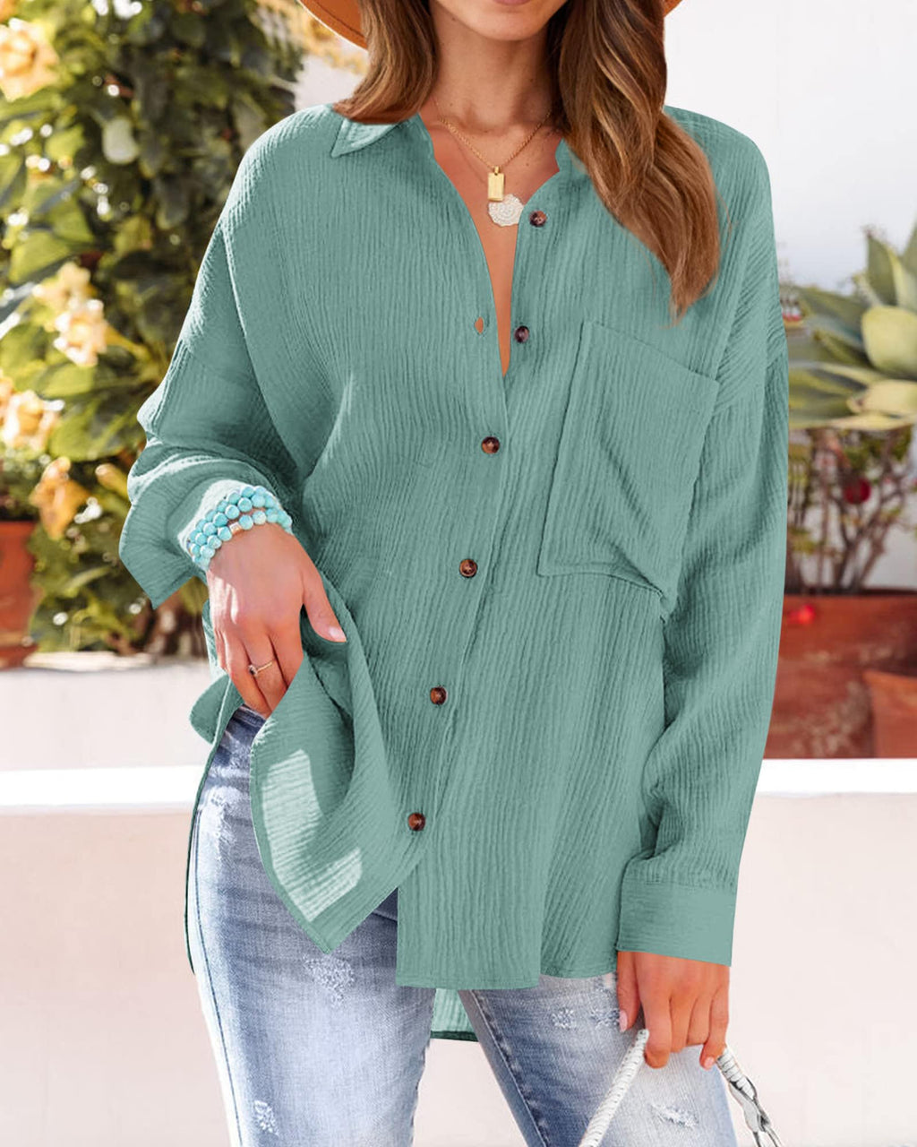 FreshPretty Casual Shirts for Women Long Sleeve Button Down Blouses Fall Solid Color Trendy Tops with Pocket