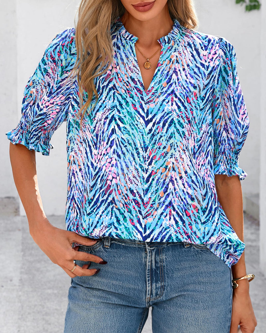 FreshPretty Summer Blouses for Women Dressy Casual  Fashion Spring Tops Floral Boho V Neck Puff Short Sleeve Top Shirts
