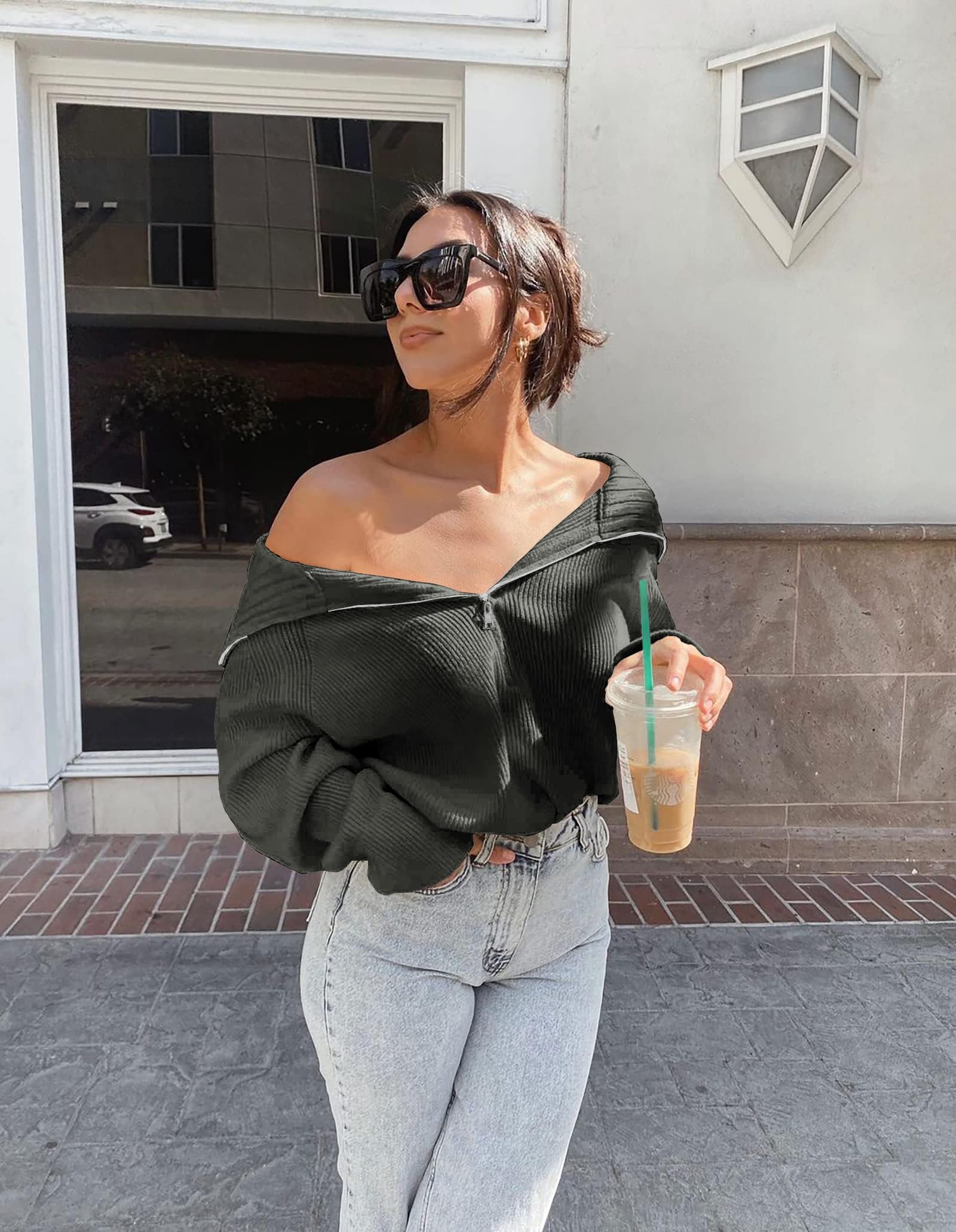 FreshPretty Womens Sweaters Quarter Zip Pullover V Neck Collar Long Sleeve Ribbed Knit Loose Casual Winter Fall Sweater