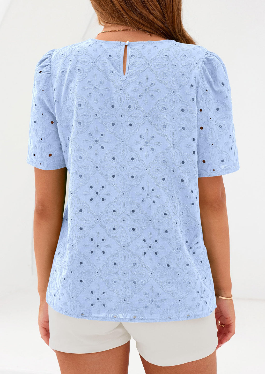 PRETTYGARDEN Women's Puff Short Sleeve Eyelet Shirts Summer Lace Blouses Dressy Casual Work Tops Spring Teacher Clothes