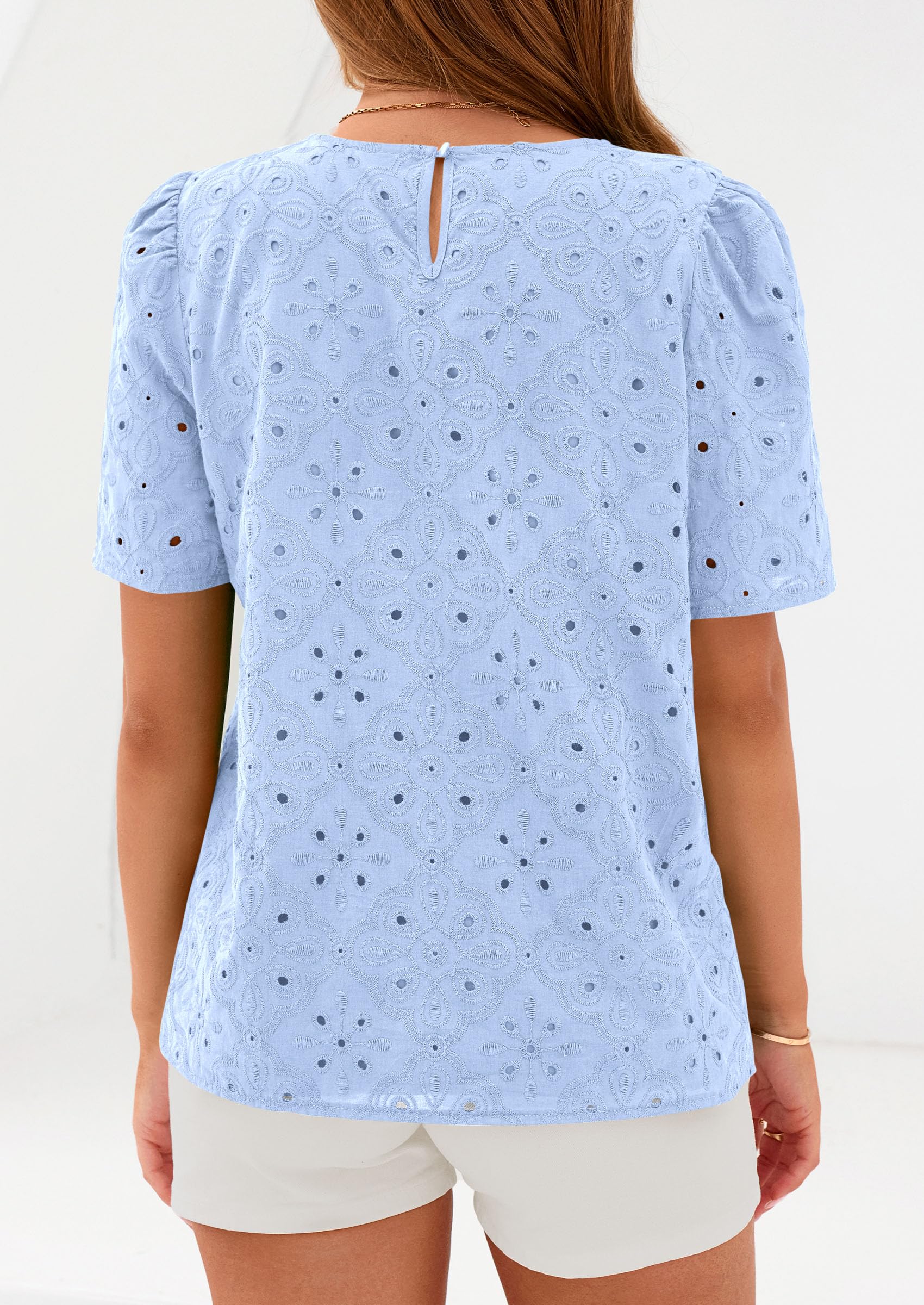 PRETTYGARDEN Women's Puff Short Sleeve Eyelet Shirts Summer Lace Blouses Dressy Casual Work Tops Spring Teacher Clothes