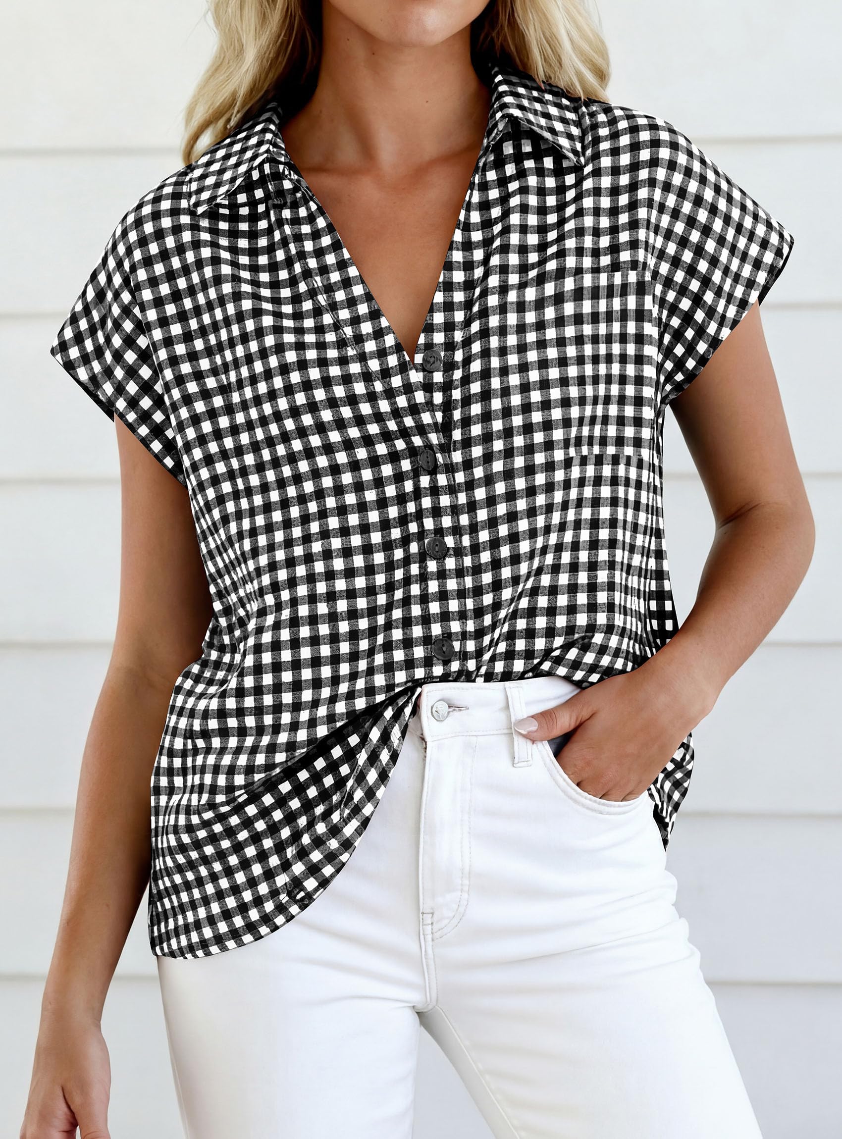 PRETTYGARDEN Womens Short Sleeve Shirts Plaid Button Down Blouse Dressy Casual Summer Spring Business Gingham Work Tops