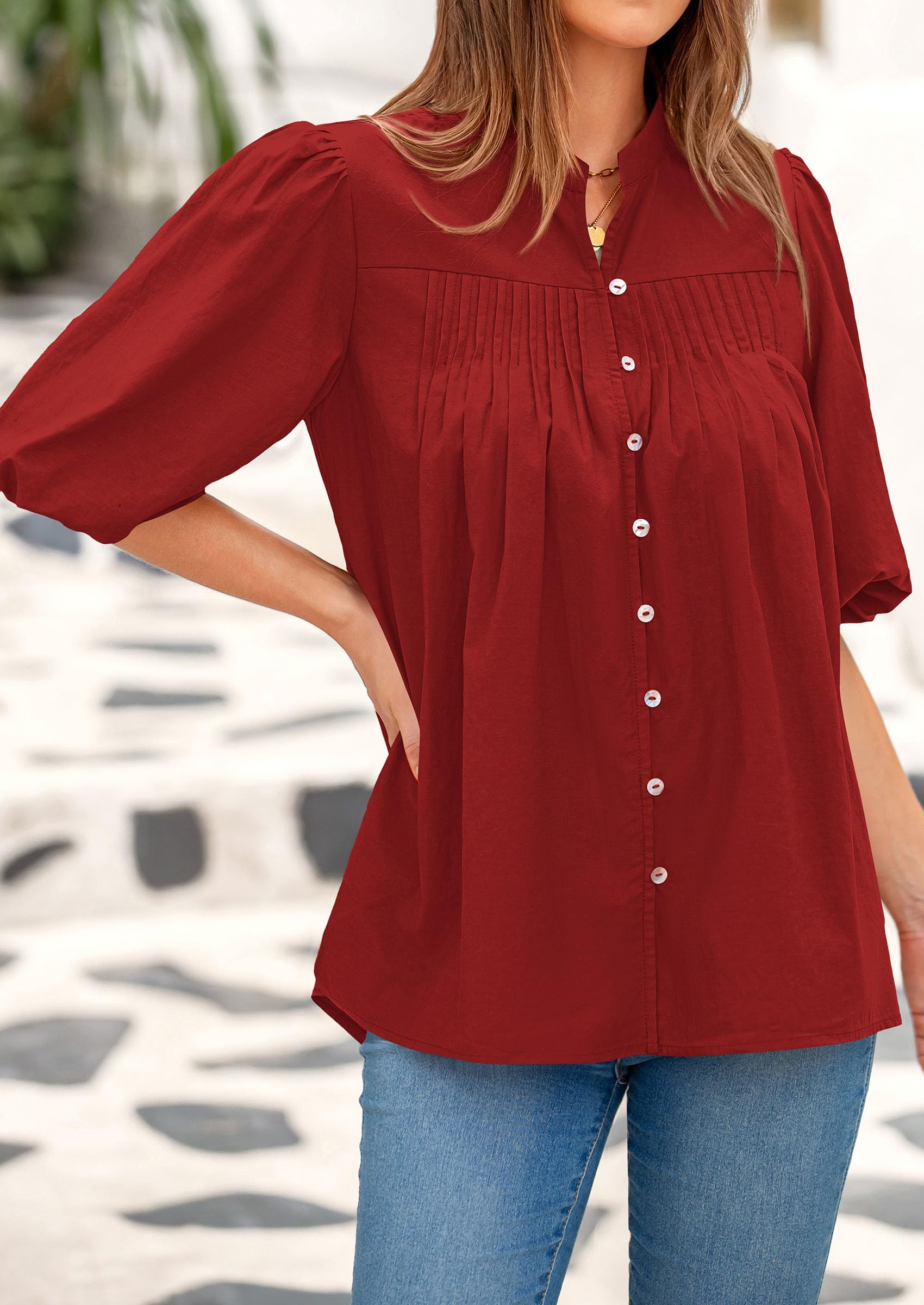 PRETTYGARDEN Women's  Summer Short Lantern Sleeve Tops Loose Fit Button Down Shirt Pleated V Neck Blouses Trendy Clothes
